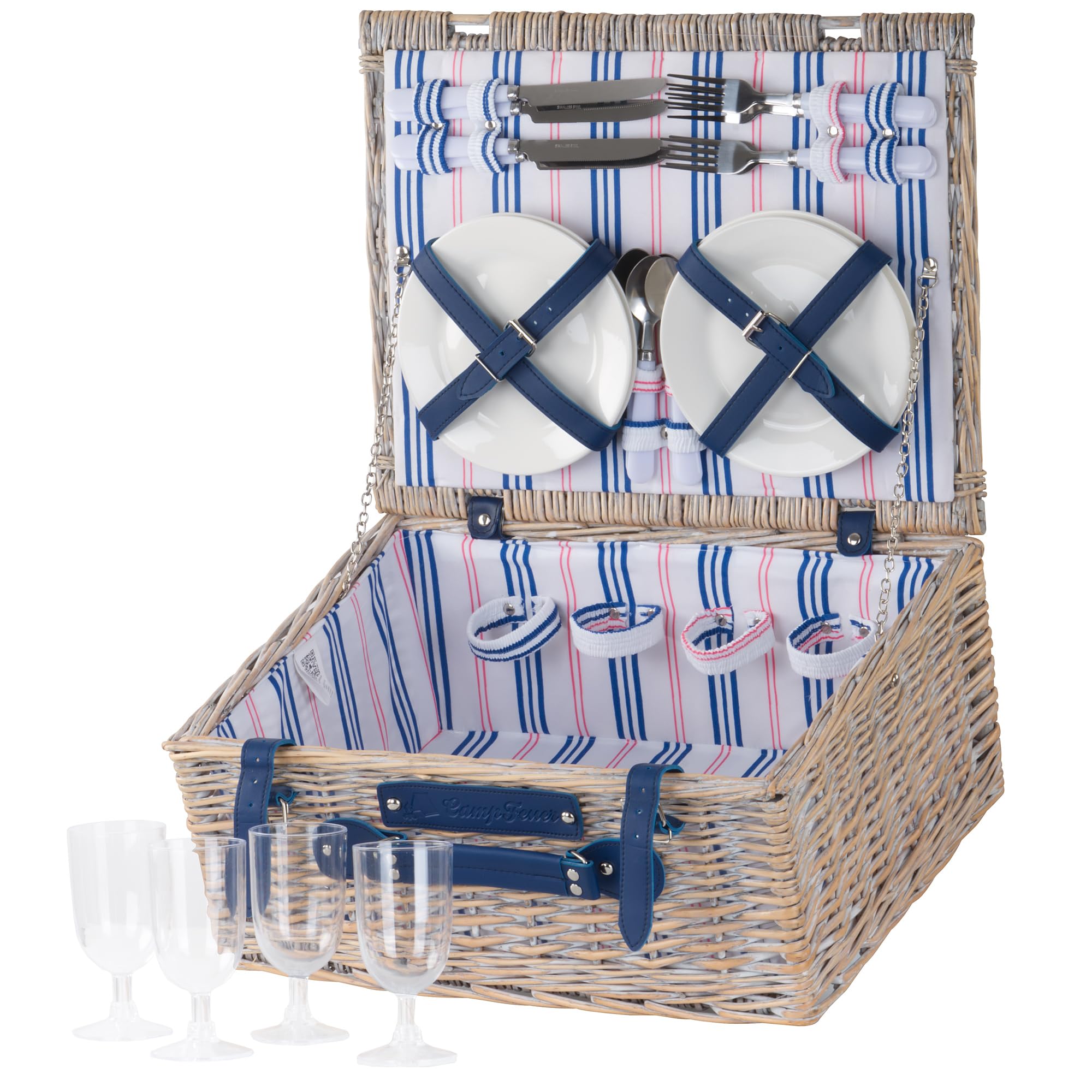 CampFeuer Cesta de Mimbre para Picnic con Correas de Polipiel | 4 Personas | 21 Piezas | Set de Picnic con Platos de Cerámica, Cubiertos, Copas, Manta de Picnic y Mucho Más