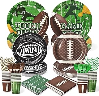 300 Pcs Football Plates and Napkins Tableware Sets (Serve 50), Football Party Supplies, Including Football Plates Napkins Forks Straws and Cups (Blending 2 Designs), Suitable for Game Day Party