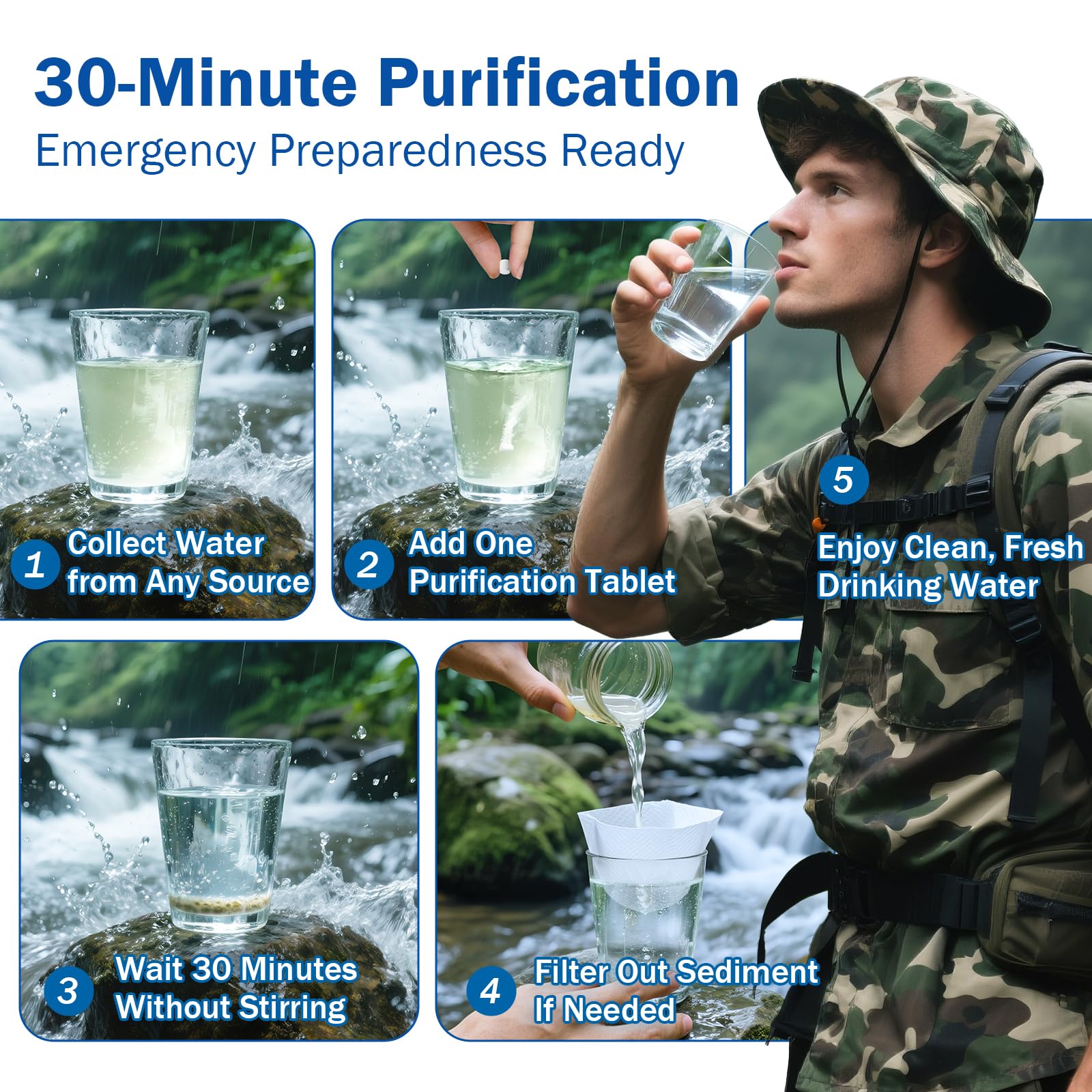 Compresse per purificazione dell'acqua da 500 mg (100 pezzi) – Trattamento dell'acqua di emergenza per campeggio, sopravvivenza e viaggi – Formula NaDCC senza iodio, nessun retrogusto chimico