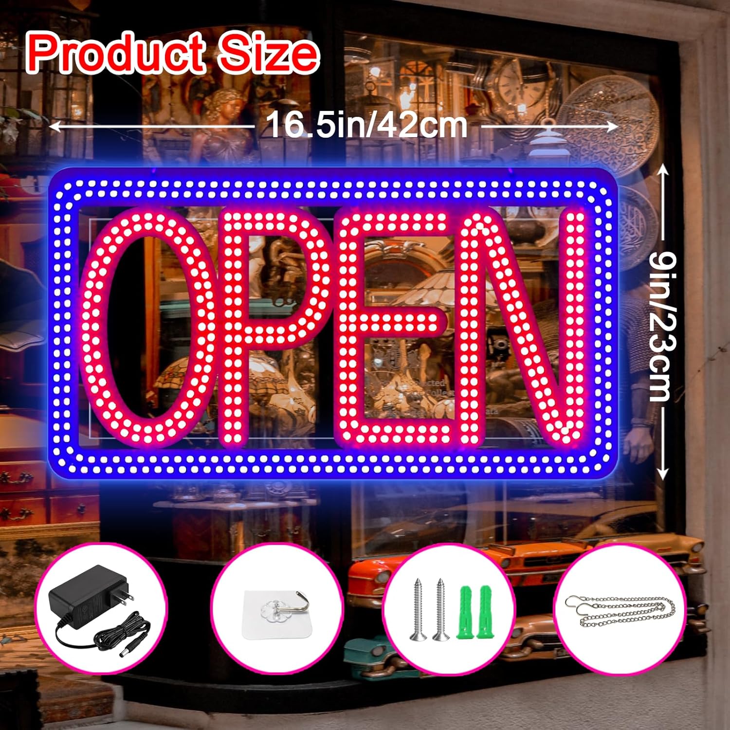 16.5"x9" Horizontal LED Open Sign for Business - Ultra Bright & Dimmable Store Sign with 4 Scene Modes, Includes Power Adapter - for Storefront, Coffee Shop, Bar, Salon Window - Image 3