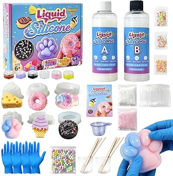 Squishy Making Kit, Squishy Toys, Make Your Own Squishies, 500ml All-in-one Beginner Kit for Squishy Maker, Squishy Maker Craft Kit with 11 Liquid Silicon, Cute Molds, Christams Gifts