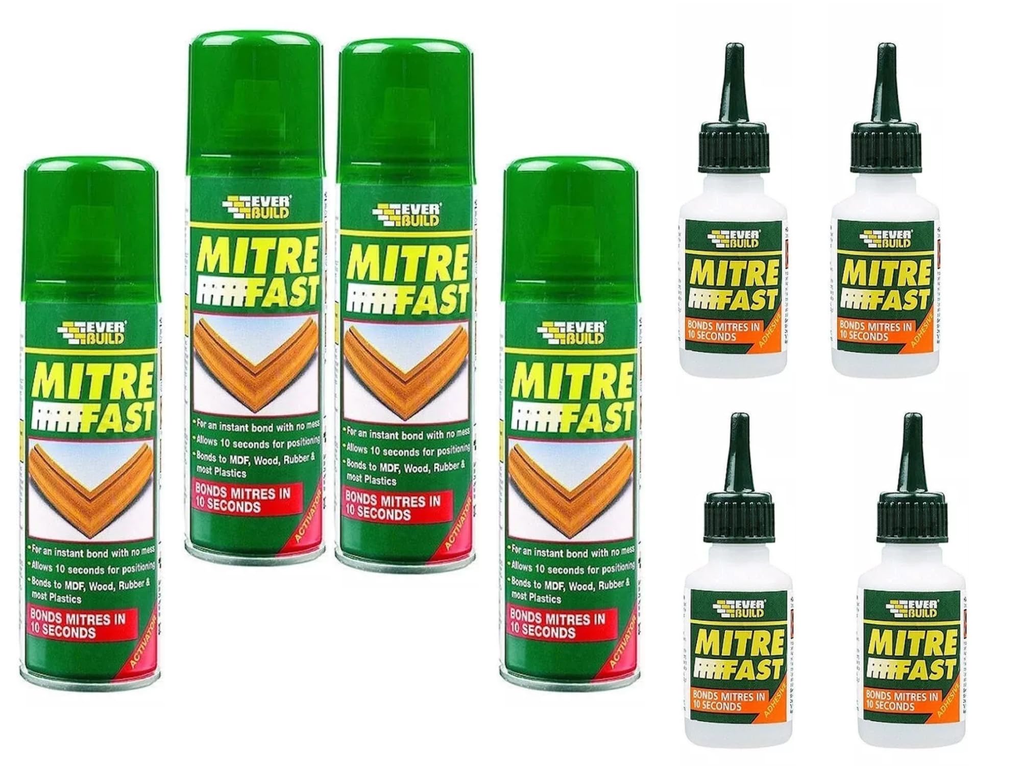 4 x Mitre Fast Adhesive Kit, 50g Superglue and 200ml Activator, 10-Second Bond for Wood Rubber Plastic and MDF