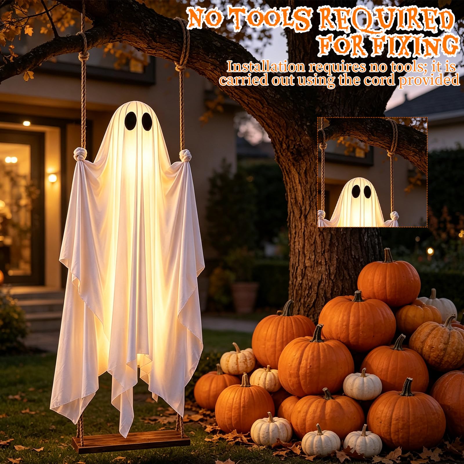 Halloween Decoration - Fantome sur Balancoire,Decoration Halloween Exterieur,100 cm avec Guirlande Lumineuse Balançoire Suspendue Fantômes avec Télécommande, Décoration d'Halloween Fantôme d'extérieur