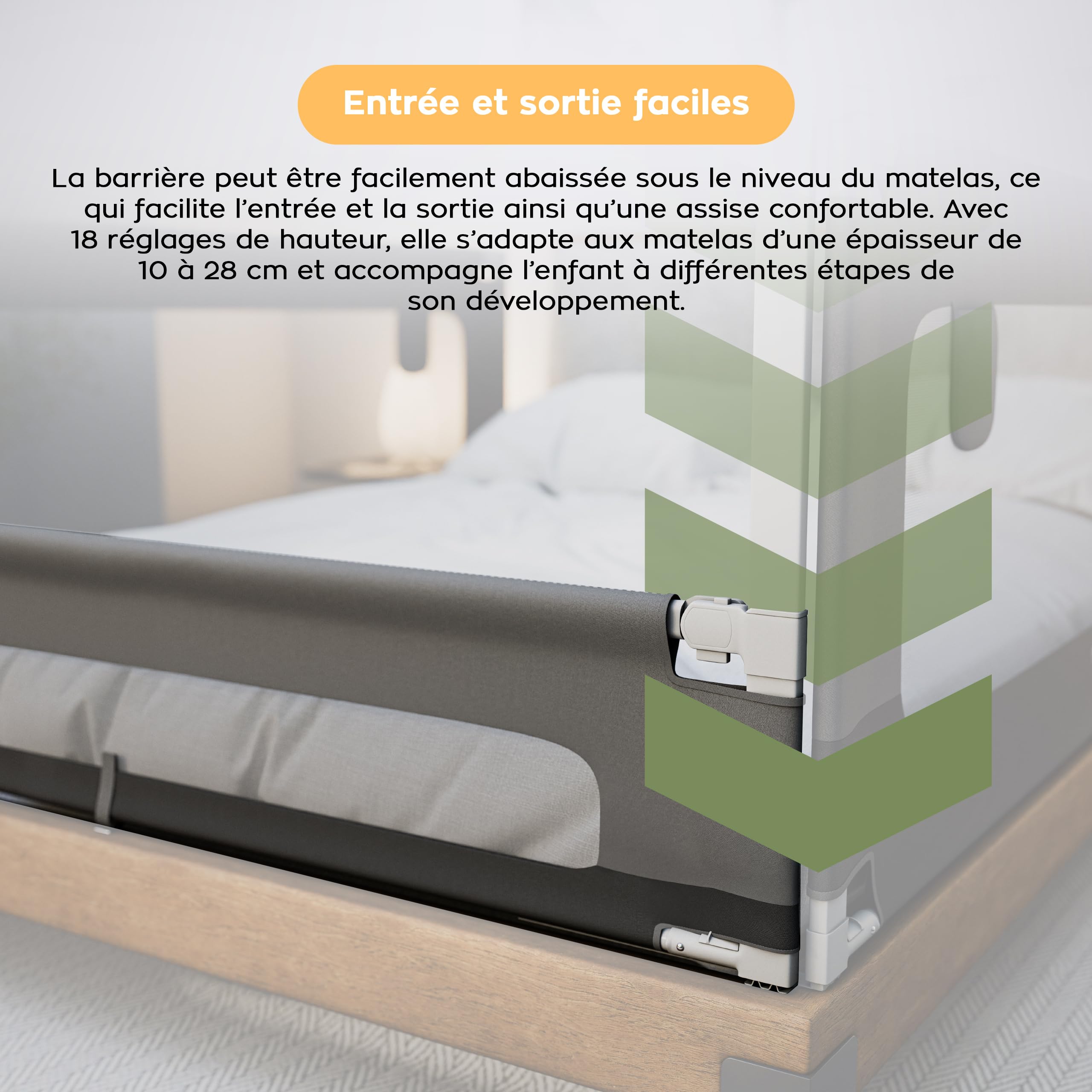 TULANO Cover 46 Barrière de lit Enfant 160 cm – Barrière de sécurité lit Rabattable – Réglable en Hauteur 18 Niveaux – Protection Contre Les Chutes Nocturnes – avec Poche latérale - Gris