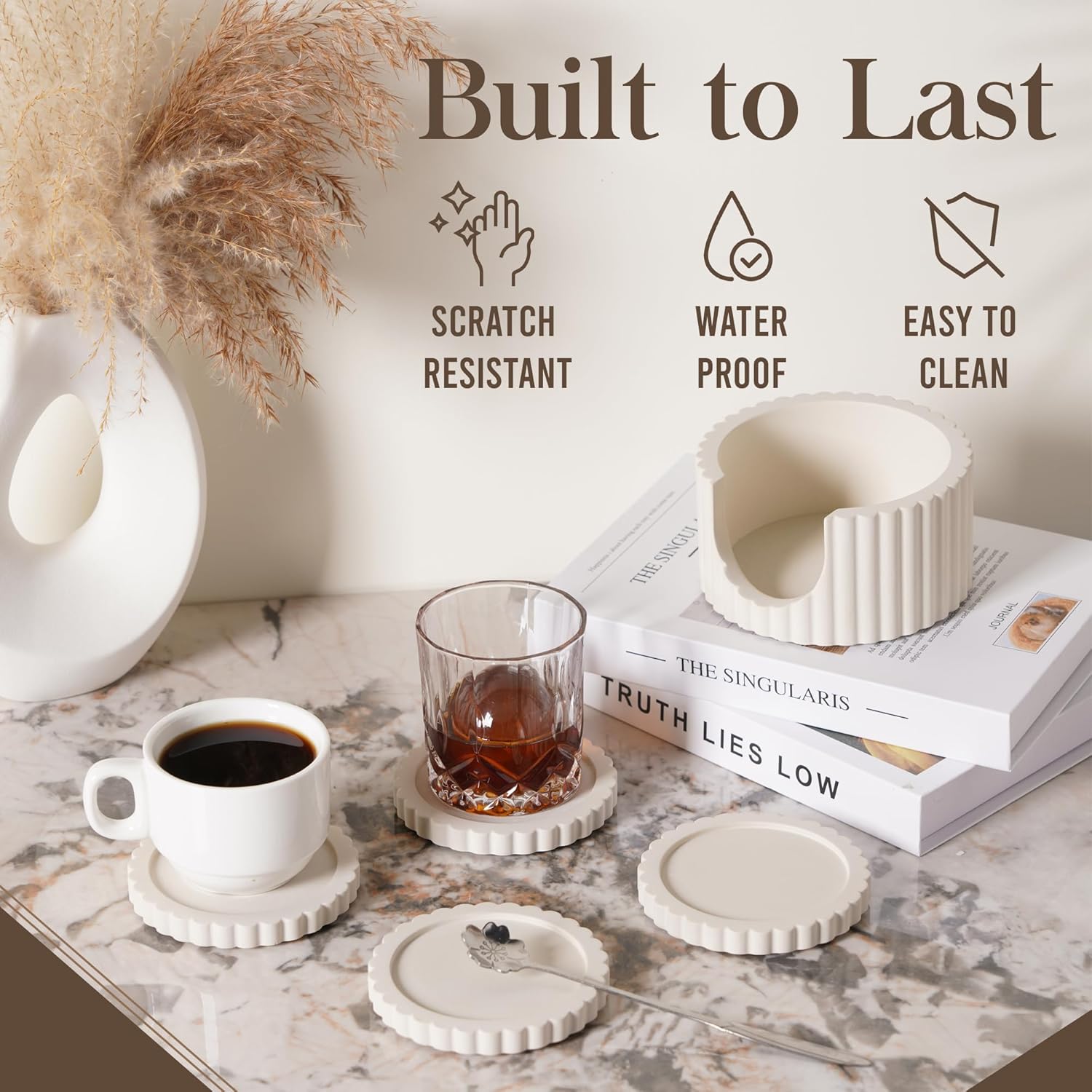 Decorative Coffee Table Ottoman Tray with Coasters | Modern Neutral Home Decor Accent | Console Table Decor | Kitchen Table Centrepiece | Luxury Apartment Decor | Decorative Centerpieces for Tables