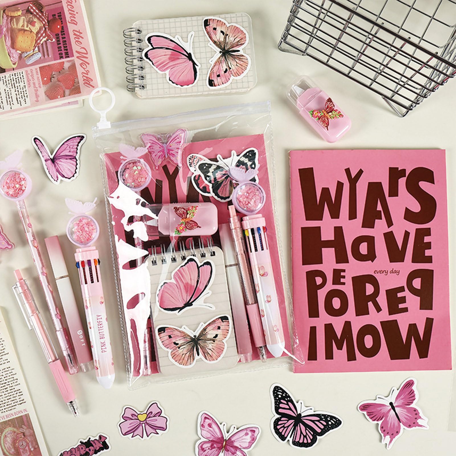 MOZXIRZ Zestaw przyborów piśmienniczych z uroczym motylem dla dziewcząt, chłopców, dzieci, kobiet, powrót do szkoły, artykuły biurowe, kawaii, artykuły pa, prezent, motyl, różowy, 9 szt