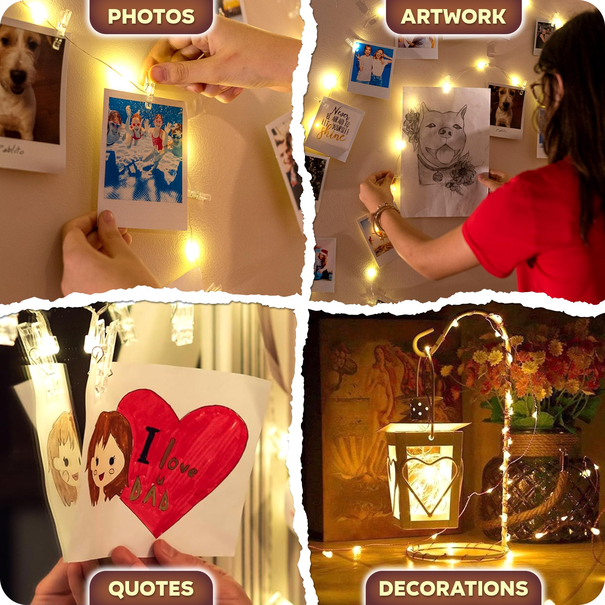 Photo Clips String Light - Copper String Lights (16.4ft) with 50 Transparent Clips & 50 Warm White LED - Fairy Lights with.