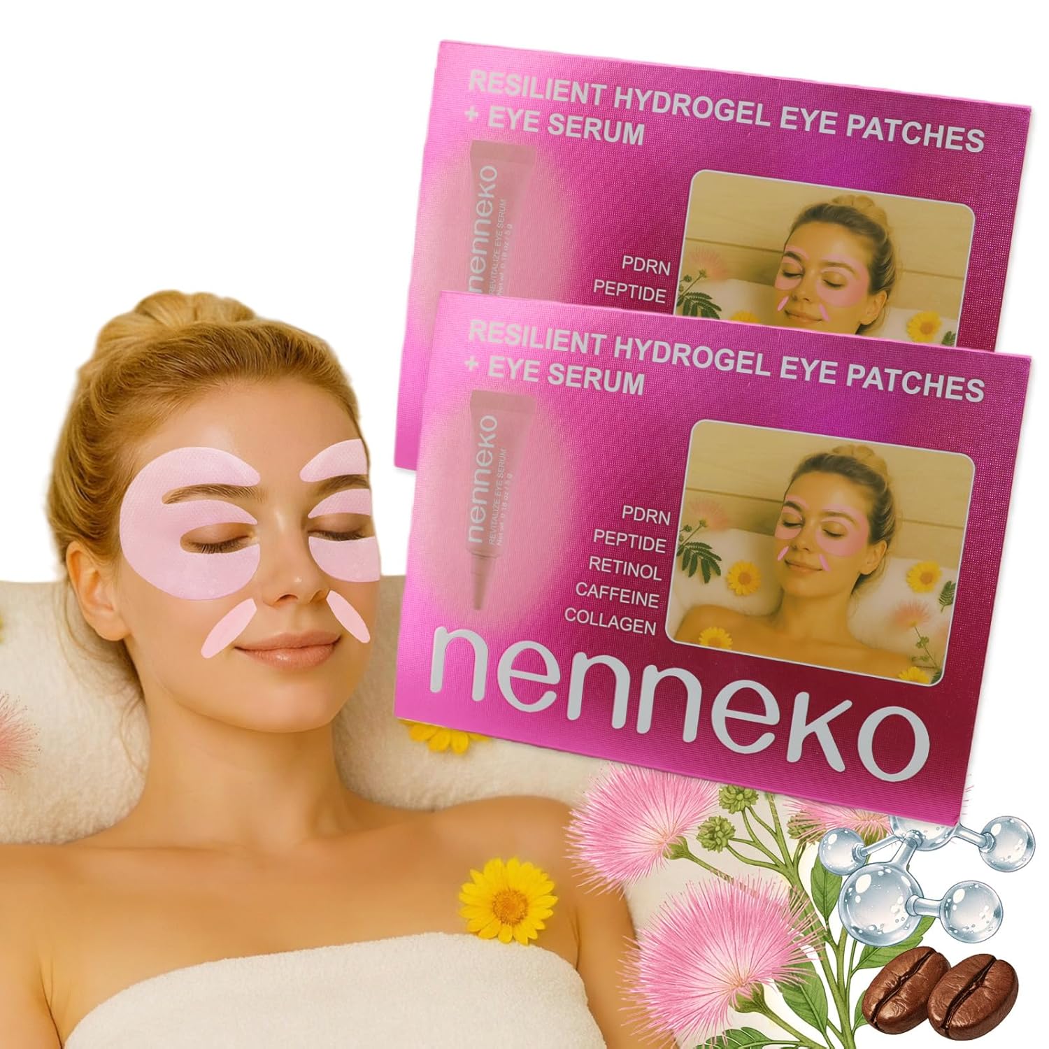NENNEKO Eye Gel Eye Patches with Eye Serum Set,Collagen Peptide & Caffeine Under Eye Patches for Puffy Eyes and Dark Circles, Eye Masks with Retinol Smile Line Patches Eye Care Gifts for Women 8pairs