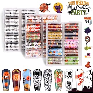 30 Rolls Halloween Nail Foil Transfer Stickers, Kalolary Nail Decals with Halloween Pumpkin Spider Vampires Devil Design Nail Art Accessories Halloween Nail Wraps for Girls Women DIY Nail Decoration