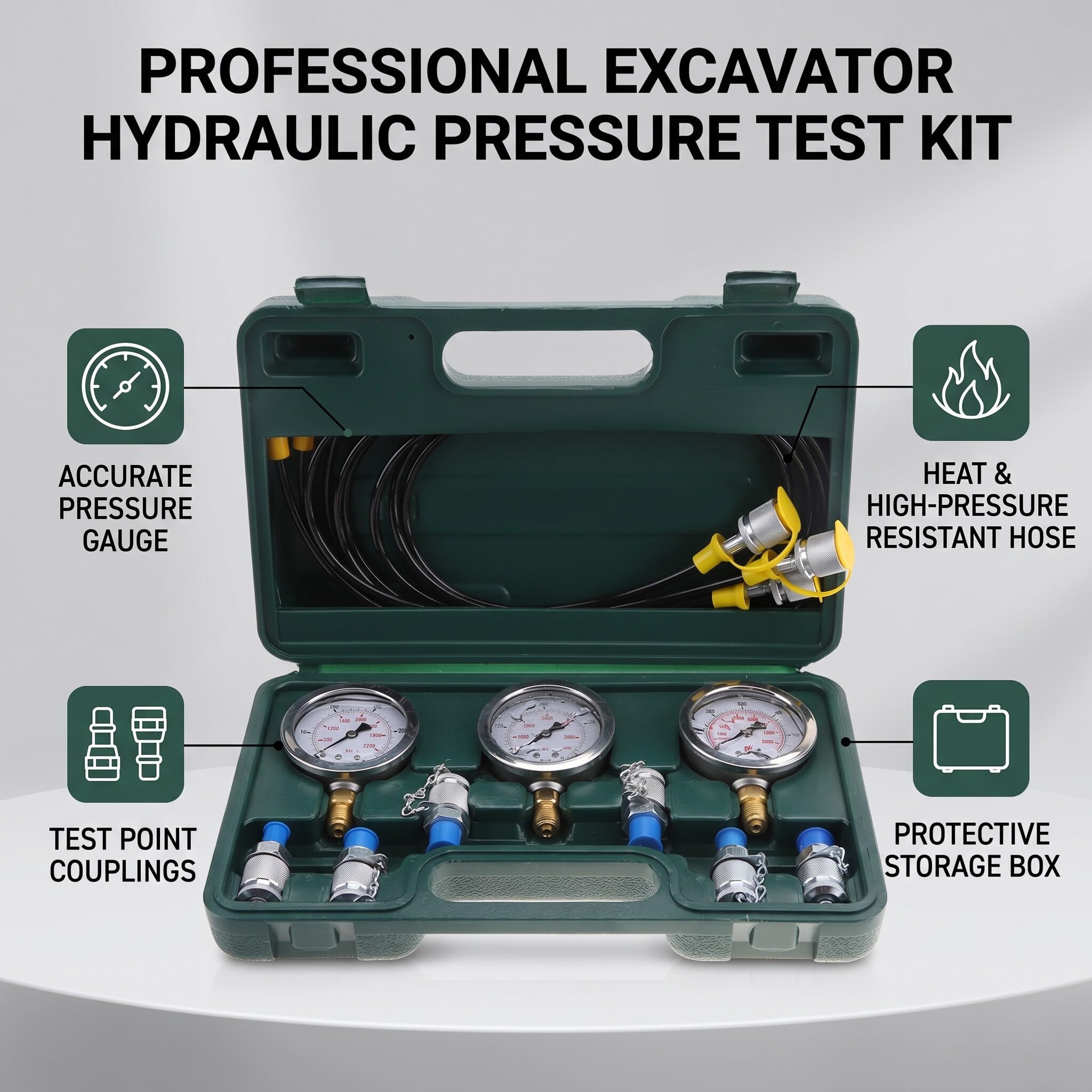 Hydraulikdruck-Testkit für Bagger, 3-teiliges Set mit 1500 mm Prüfschlauch, G1/4 Anschluss, Manometer im Messkoffer, Hydraulik Prüfset für Baumaschinen