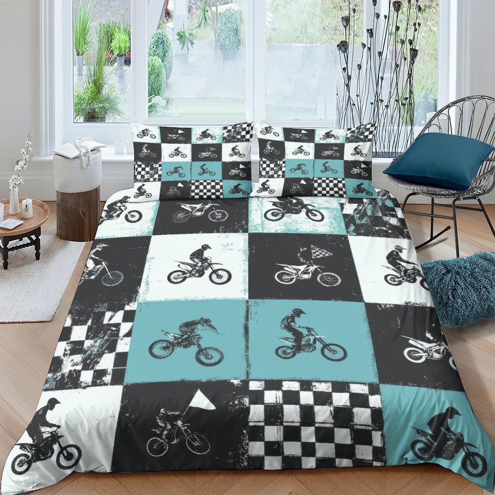 TUFRTGYHN 3D Printed Motocross Rider Duvet Cover Microfiber Soft Breathable Checkerboard Bedding Set with 2 Pillowcases for Bedroom Decor Single（135x200cm）