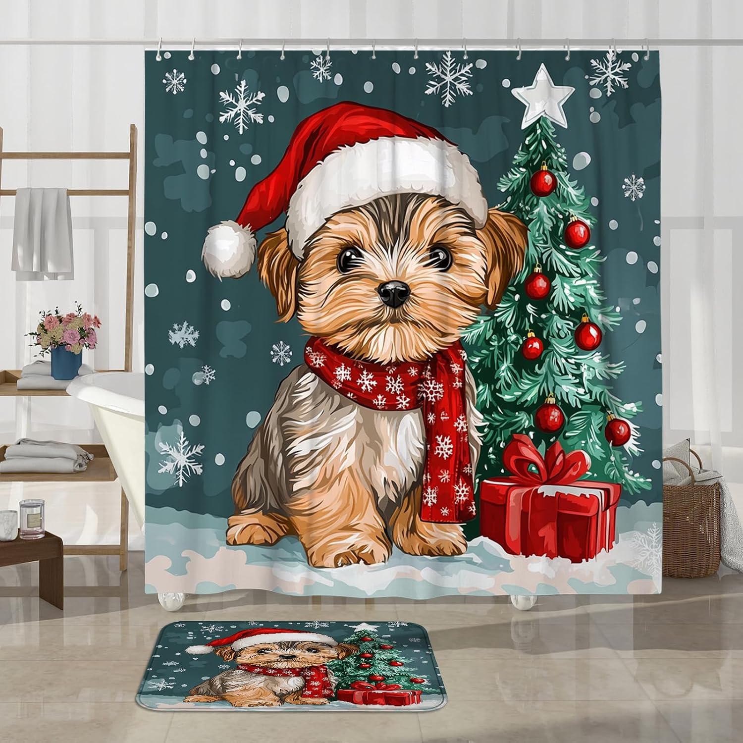 4PCS Christmas Yorkie Dog Shower Curtain 72" x 72" with Hooks, Bathroom Accessory Sets with Bath Mat, U Shape and Toilet Lid Cover Mat, Funny Puppy Xmas Animal Tree Home Fabric Decor