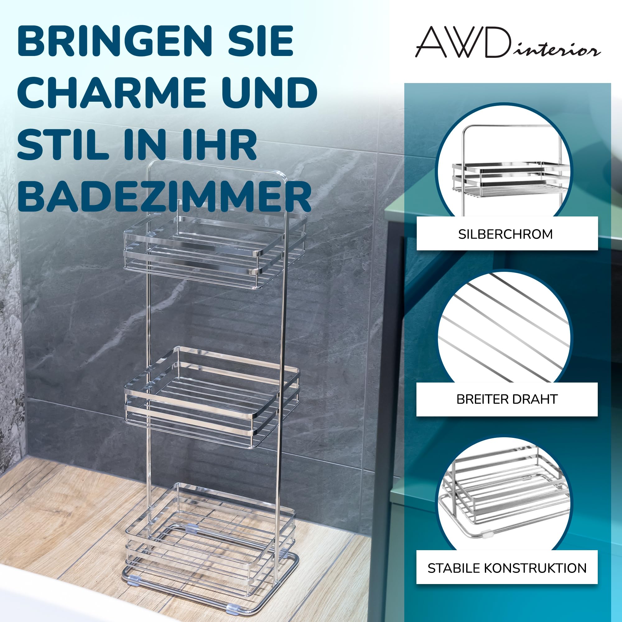 Standregal Metall Chrom – Kompaktes Regal mit 3 Drahtablagen, 75,5 cm hoch, in Silber, für Badezimmer, Küche oder Büro