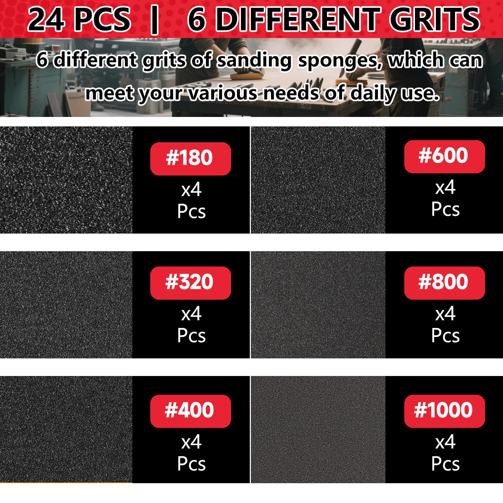 MOGRQAP 24 PCS Sanding Sponge Set 70x100mm, 180/320/400/600/800/1000 Grits Wet Dry Abrasive Foam Sanding Pads - Image 3