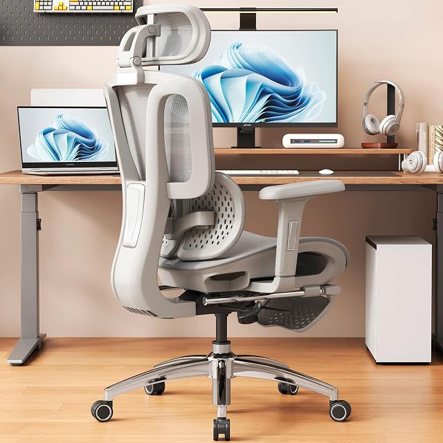 Vonesse chaise de bureau ergonomique avec repose-pieds, chaise de jeu d'ordinateur avec support Lombaire Dynamique & Siège en maille respirable de profondeur réglable, Chaises de bureau avec réglable 3D Accoudoirs et accoudoirs (gris)