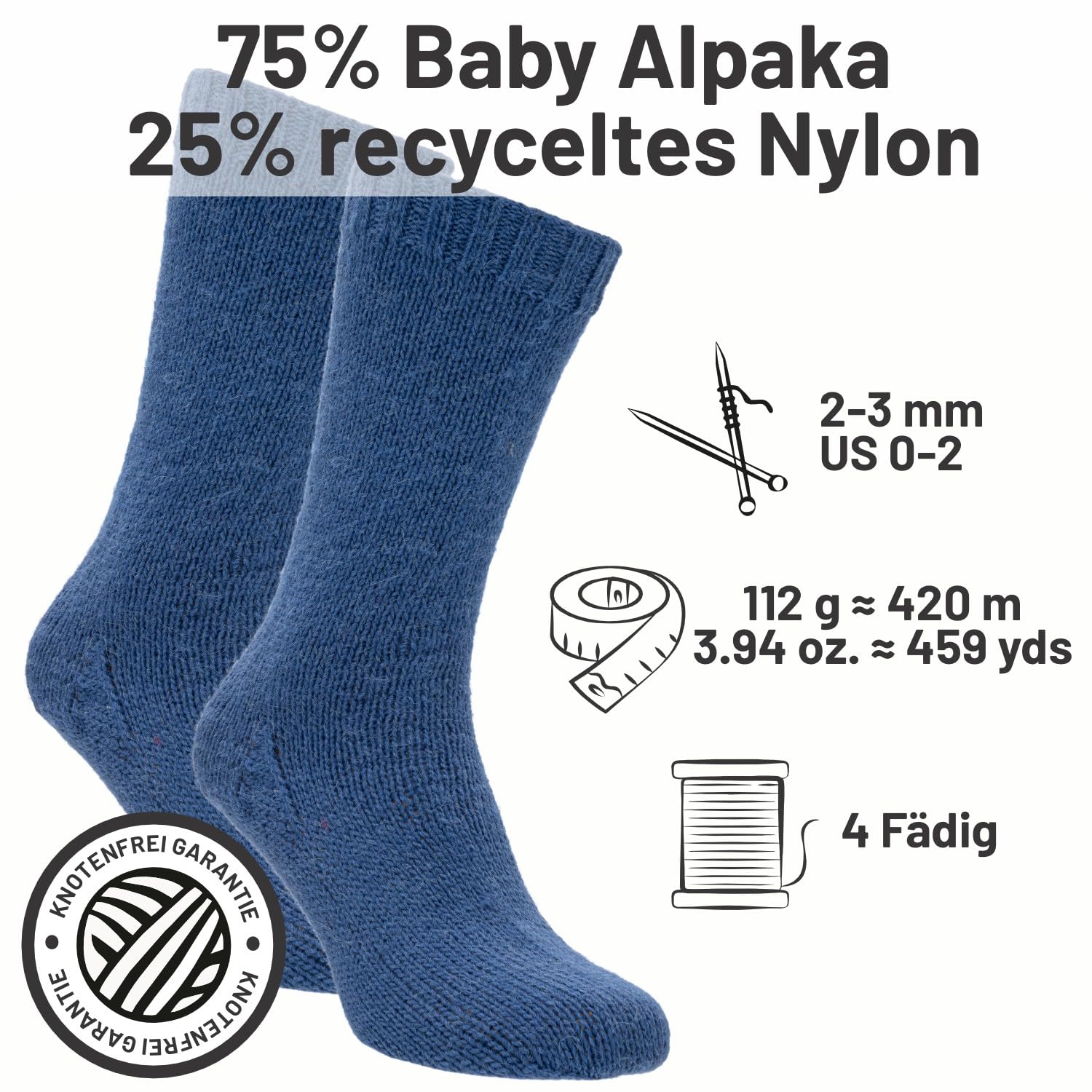 HANSA-FARM |alpacare 75% waschbare Baby Alpaka Socks 224g Set (2 x 112g) Sockenwolle kratzfreie Wolle zum Stricken & Häkeln - CF245 Jeansblau
