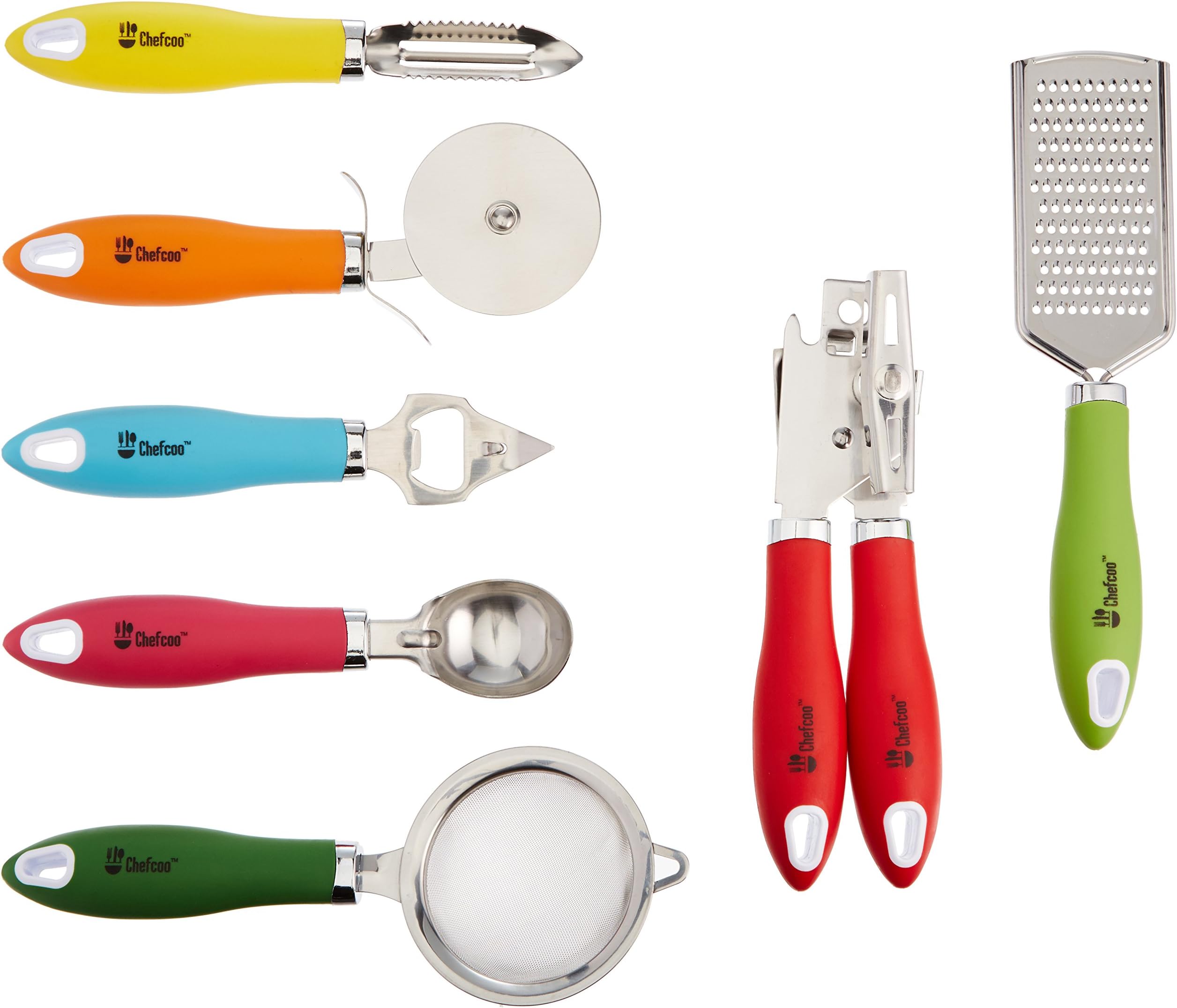 Kitchen Gadgets tools Set By Chefcoo™ - Stainless-Steel 7 Pieces kitchen Utensils Chef Cooking Set - Peeler, Ice Cream Scoop, Bottle Opener, Can Opener, Pizza Cutter, Grater, & Tea Strainer