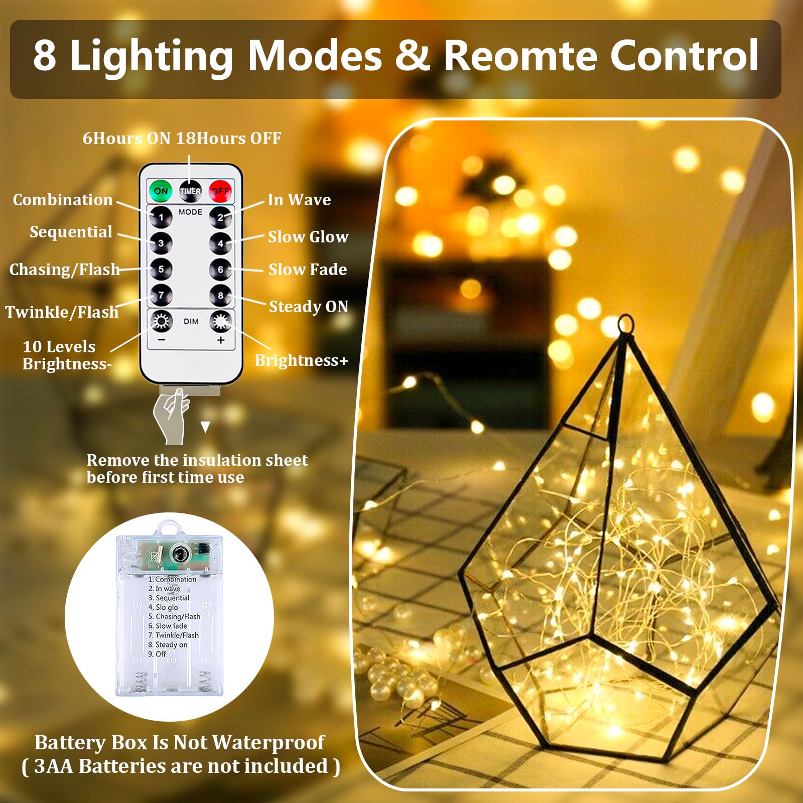 Paquete de 4 50 luces LED de hadas que funcionan con pilas con temporizador de control remoto, 16 pies, 50 luces LED para exteriores e interiores, 8 modos de luces parpadeantes para Navidad, boda
