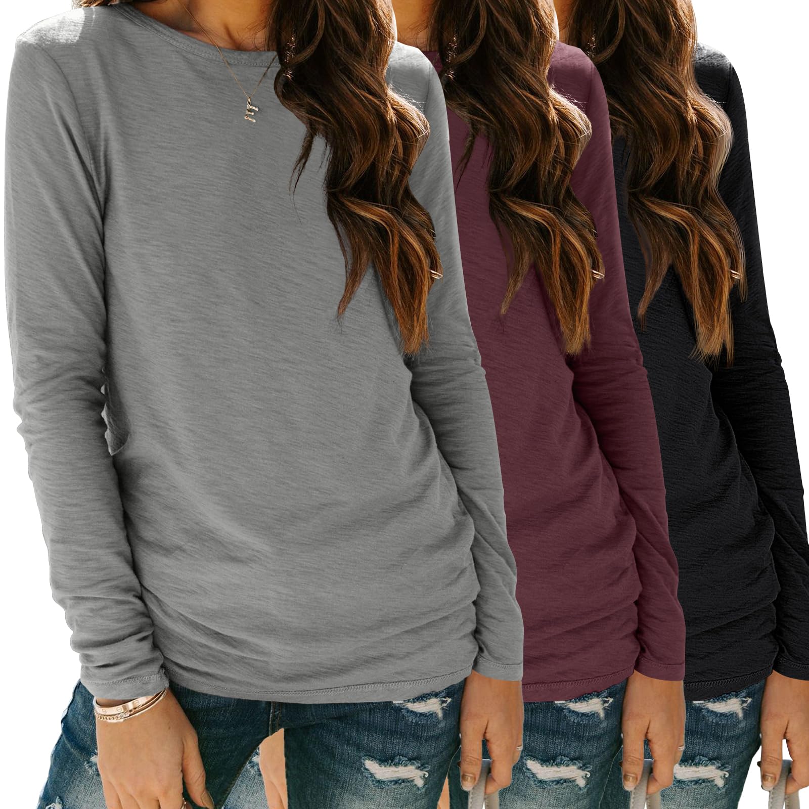 SUNBS Paquete de 3 camisetas de manga larga para mujer, holgadas, para otoño, ropa de moda 2025, camisetas básicas de entrenamiento, trajes de profesor escolar