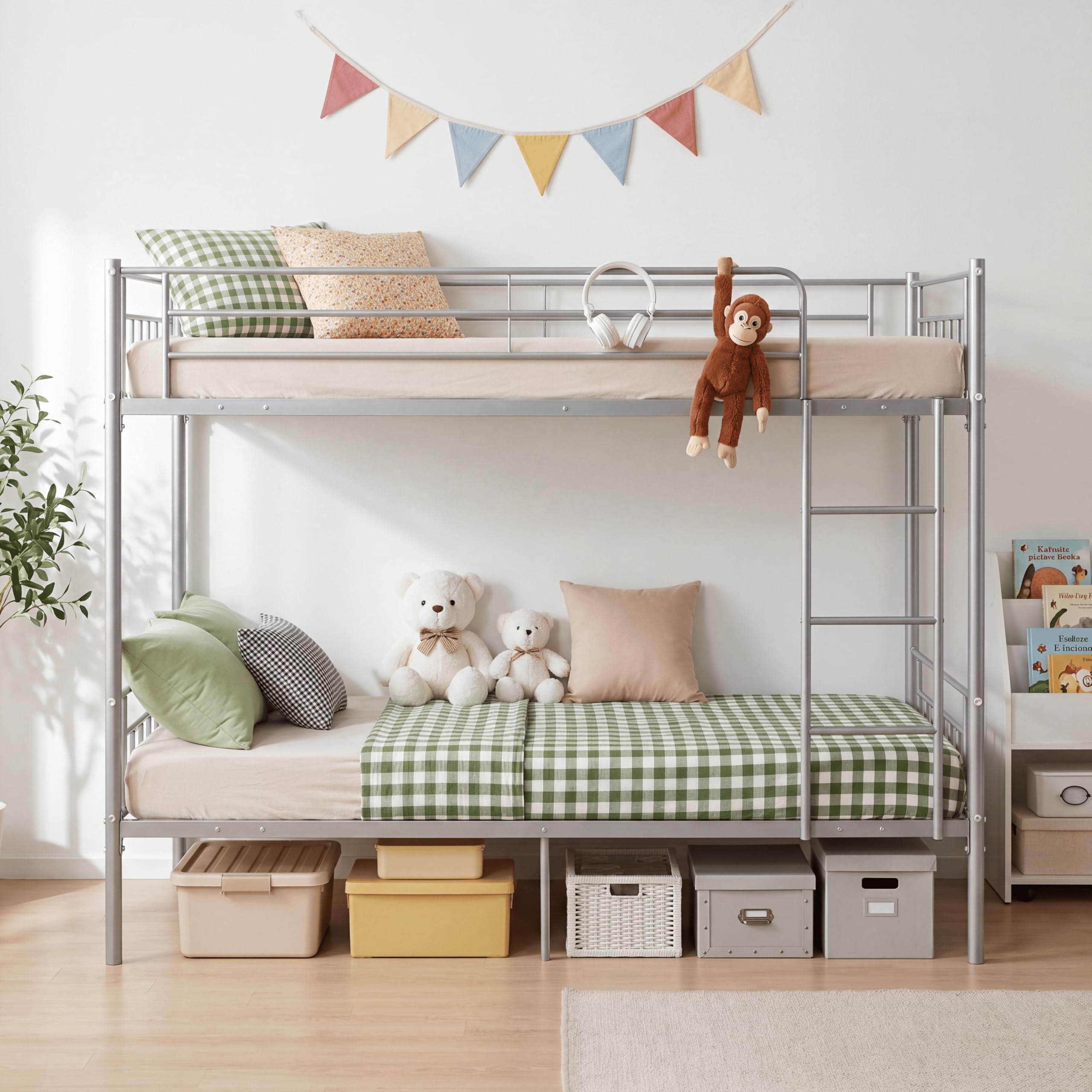 Panana Double Bed Kids Bunk Beds 3FT Single Bed Children Metal Bed Frame With Stairs (Silver)