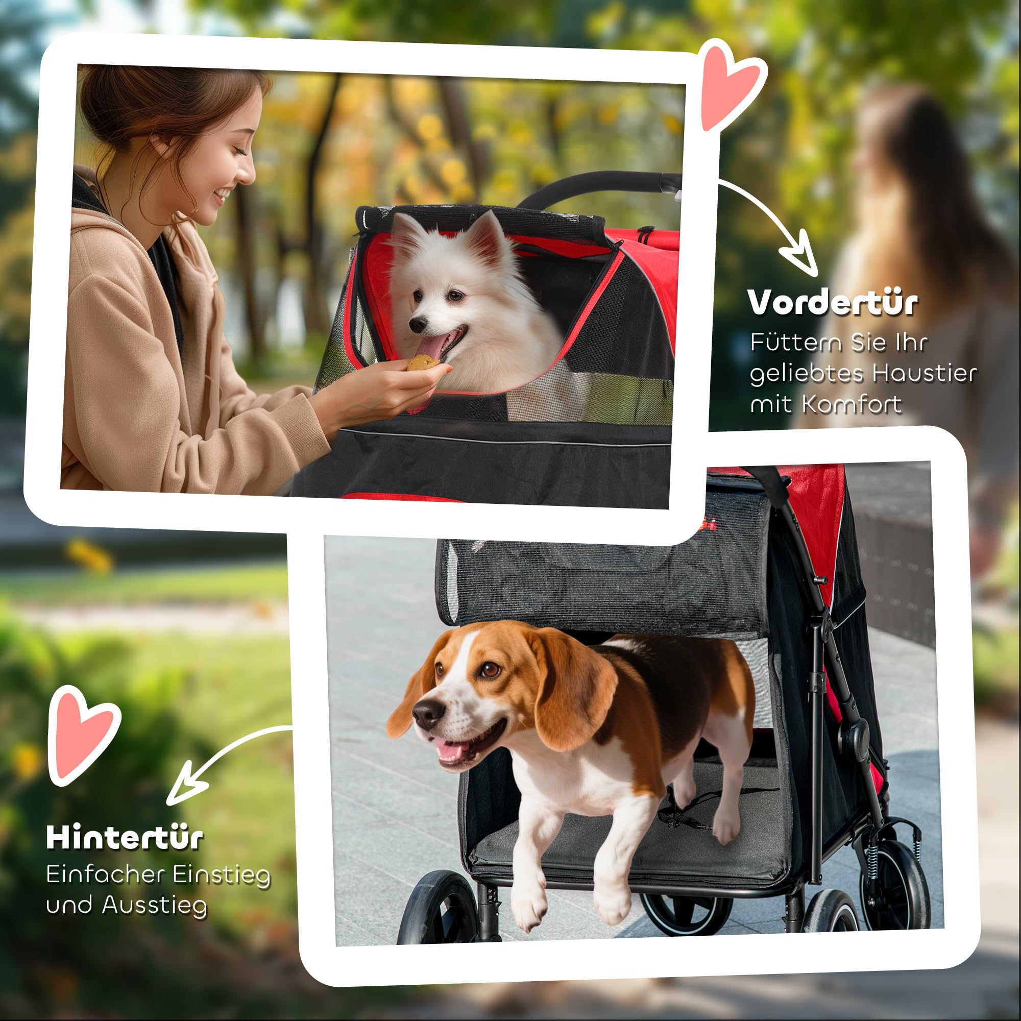 PawHut Hundewagen, Hundebuggy mit Kissen, Faltbarer Hundetrolley, Katzenbuggy für große und mittelgroße Hunde, Hundetrolley mit Netzfenster, Sicherheitsleinen, Tasche, Oxfordstoff, Rot