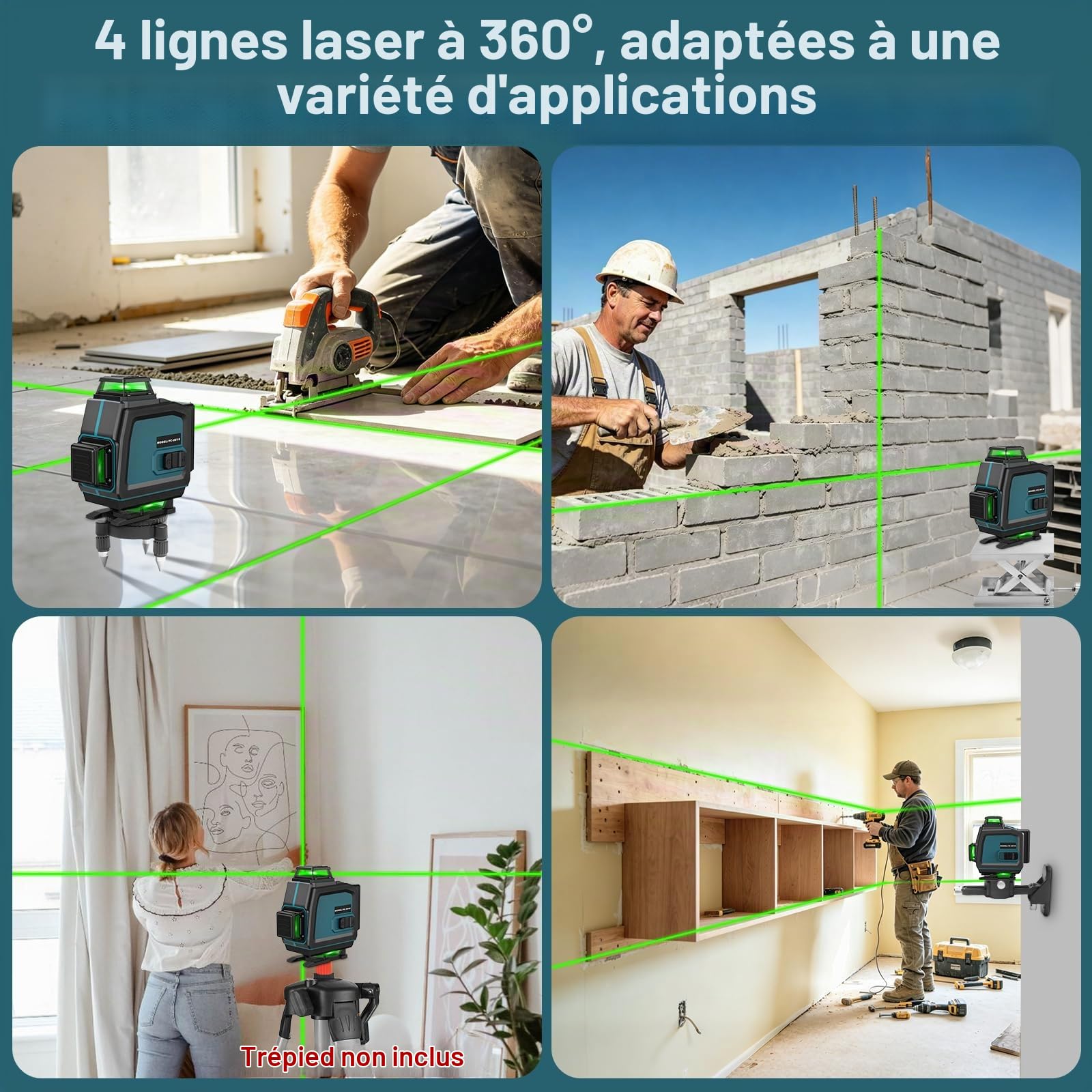 QUPERR Niveau Laser Vert 4D Autonivelant 16 Lignes 4x360° | Laser de chantier pour carrelage, tableaux et travaux intérieurs; faisceau vert, sans trépied