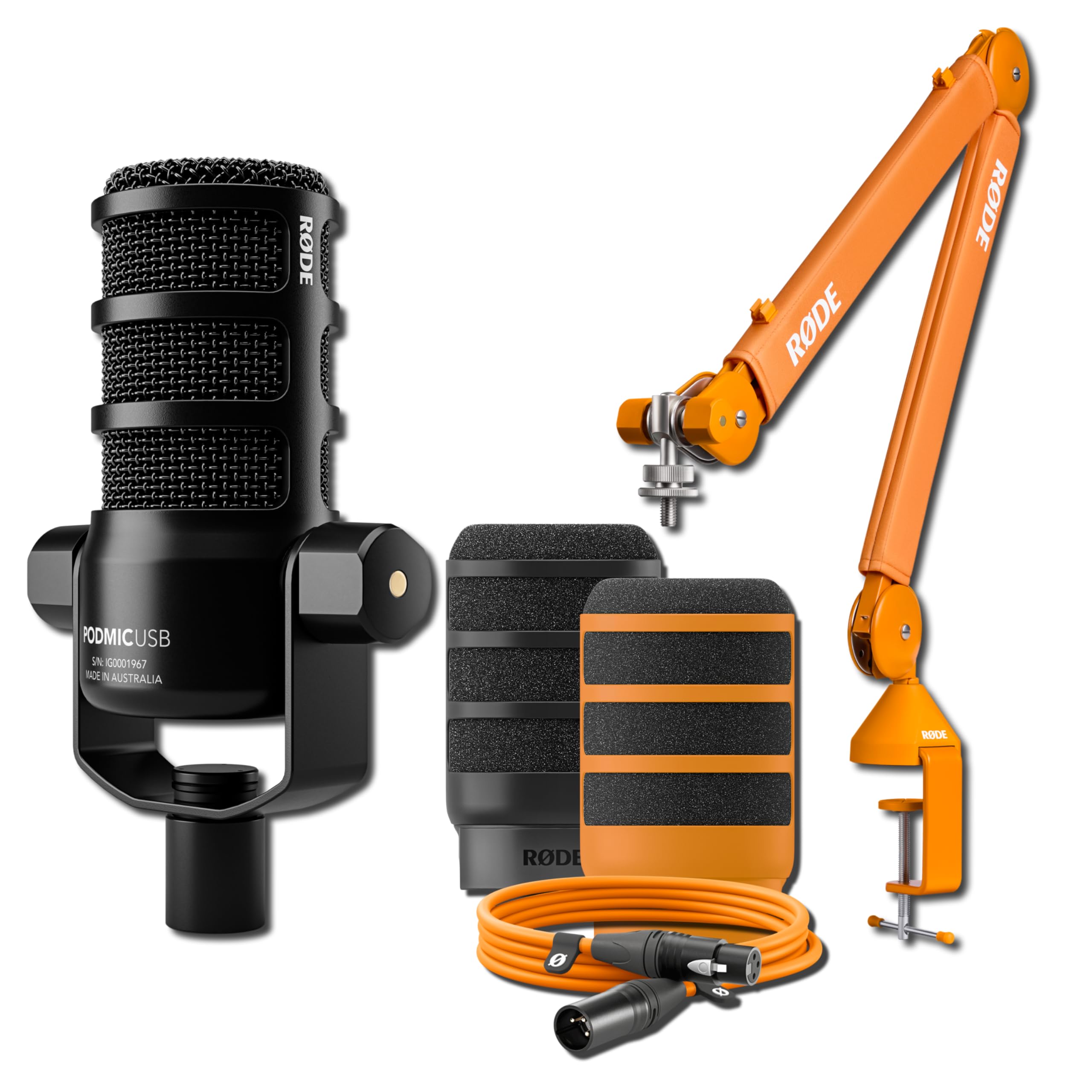 Rode PodMic USB Dynamic Broadcast Mic Orange Bundle with PSA1+ Orange Boom Arm, 9.8-Ft O XLR, WS14 O Pop Filter — XLR and USB-C Studio Mic for Podcasting, Streaming, Voice Over, Broadcasting