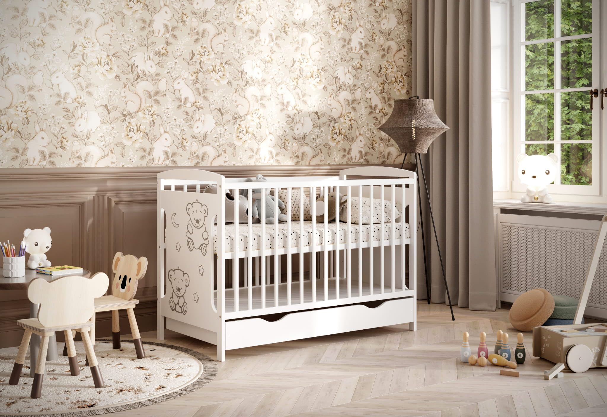 Generico Lettino Ted con materasso, cassetto e kit di trasformazione 120x60 cm – cresce insieme al vostro bambino