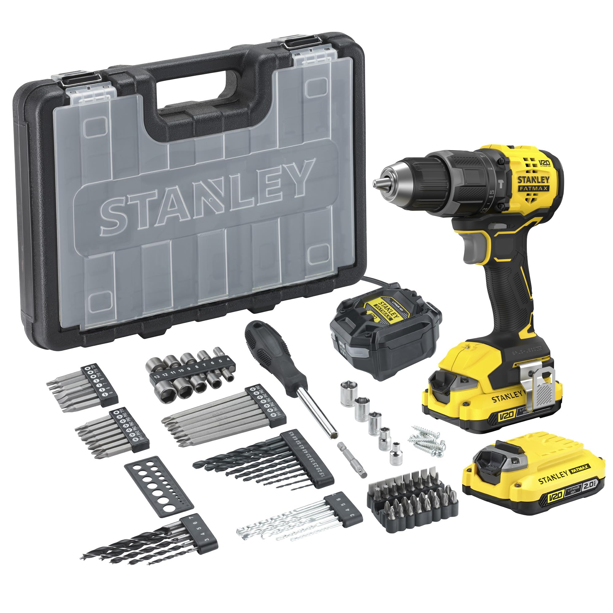 STANLEY V20 Taladro percutor sin escobillas de 2 velocidades, incluye batería de iones de litio de 2,0 Ah, cargador de 1,25 A y 100 accesorios con maletín ProStack, 18 V, SFMCD716D2A-QW