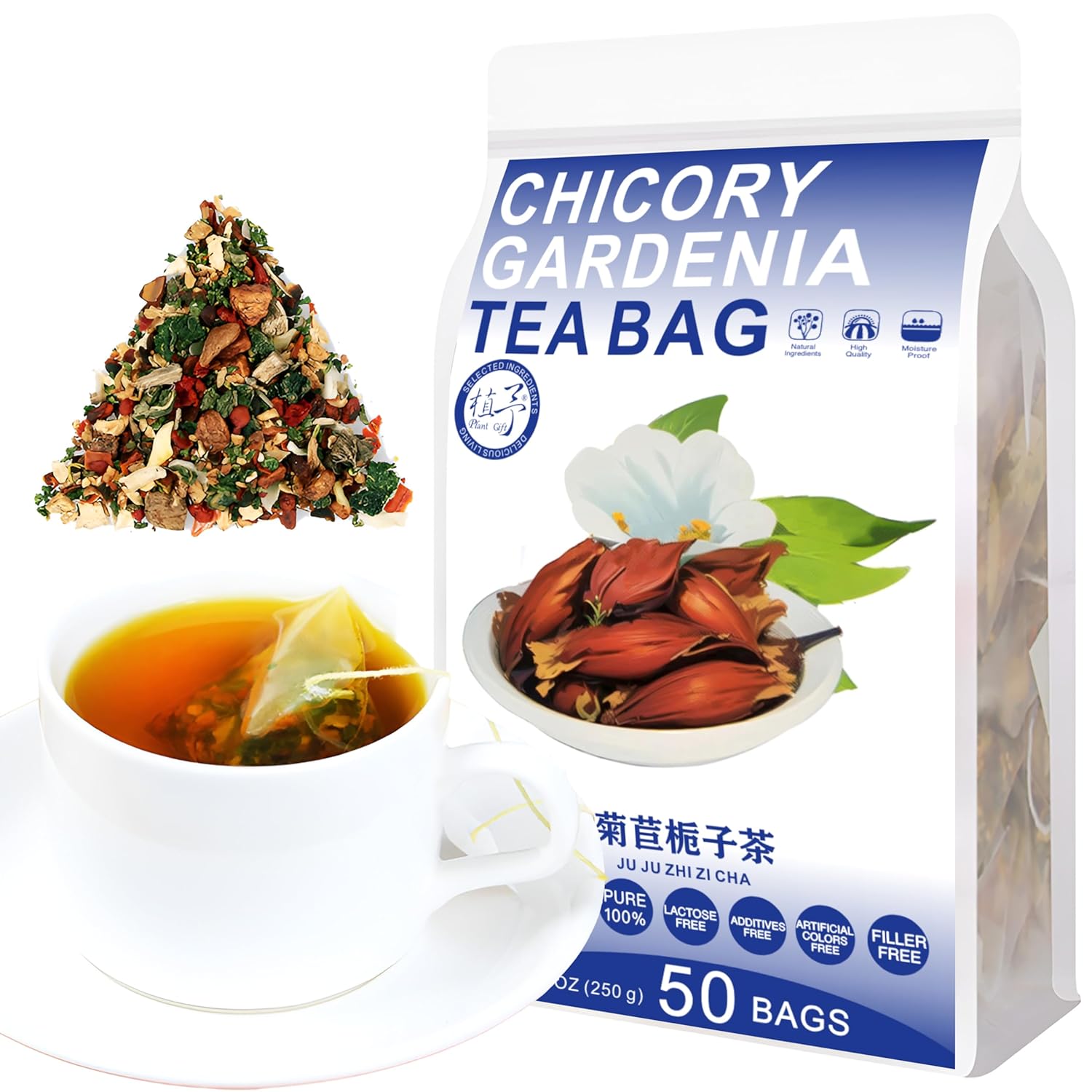 Plant Gift 50 Cups Chicory Gardenia Tea Bag (菊苣栀子茶 JU JU ZHI ZI CHA) 8.81oz (5g*50bags/250G) Mulberry Leaves, Pueraria Lobata, Dried Lily Natural Mixed Herbal
