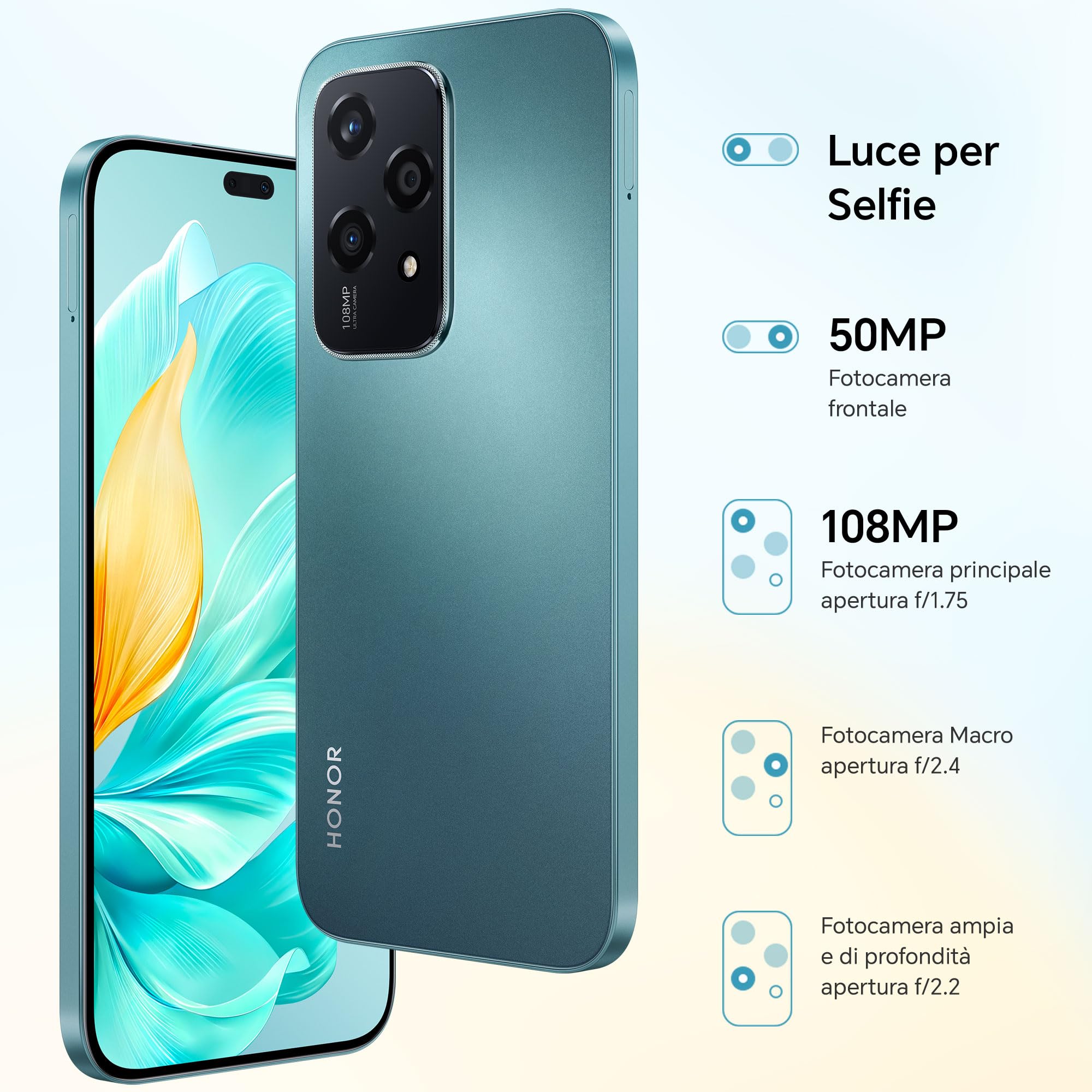 HONOR 200 Lite Smartphone 5G Dual SIM NFC, 8GB RAM 256GB Memoria, 6.7 pollici AMOLED Eye-Care Display telefono Android 14, 108MP+50MP, Capsula Magica, 4500 mAh, Cyan Lake [Versione italiana]