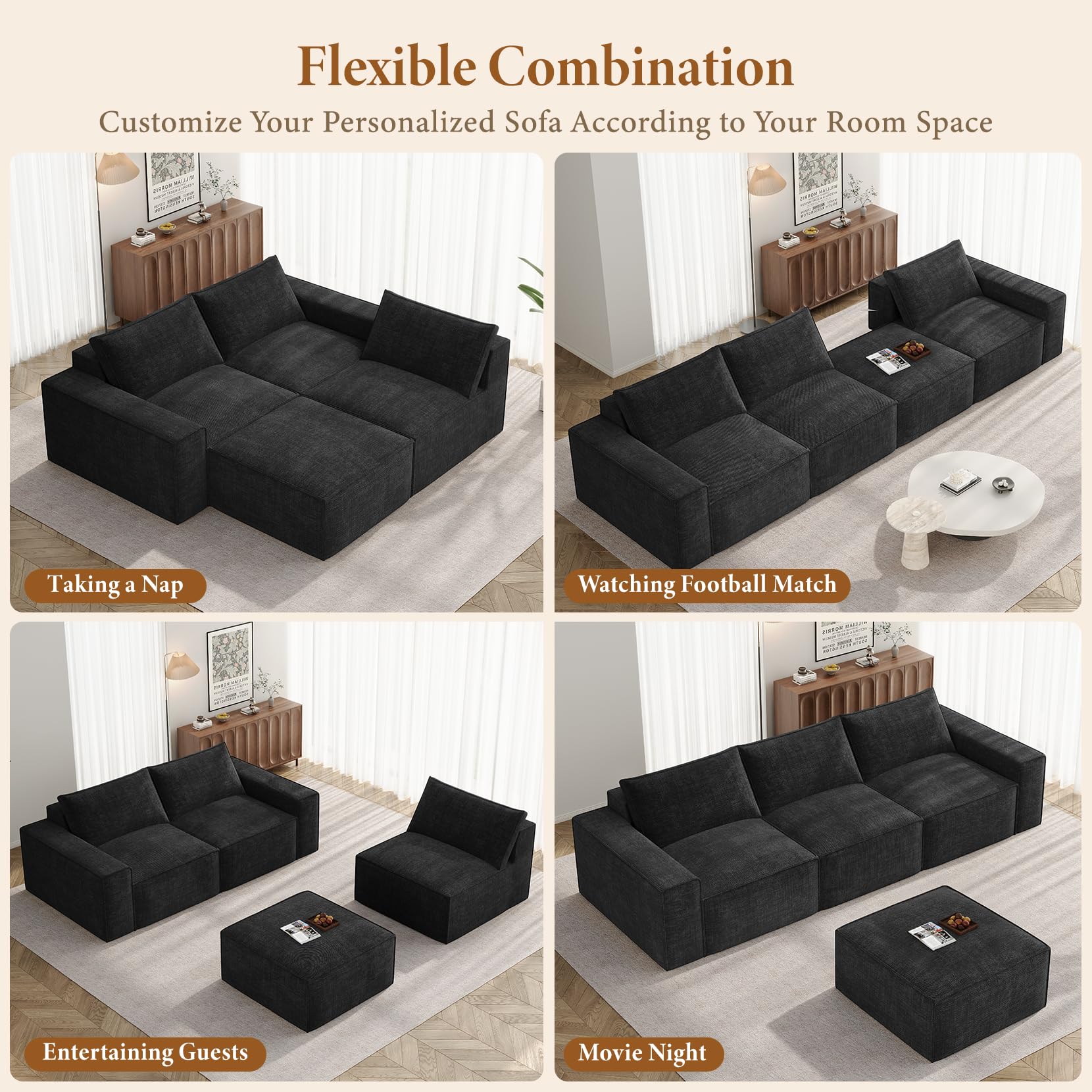 Vesgantti 114" L Shaped Boneless Couch, Deep Seat Sectional Sofa, Black | Oversized 3 Seater Modular Couch with Ottoman, Cloud Sofa for Living Room, No Assembly Required, Free Combination, Chenille