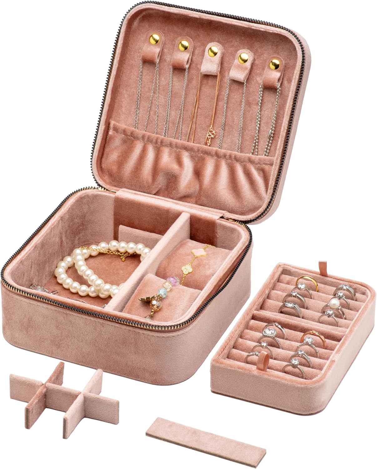 Velvet Multiple Square Ring Box Jewelry Organizer Display Tray with Zipper Around, Earring Watch Necklace Holder Case for Wedding Birthday Christmas Valentine Day (Pink)