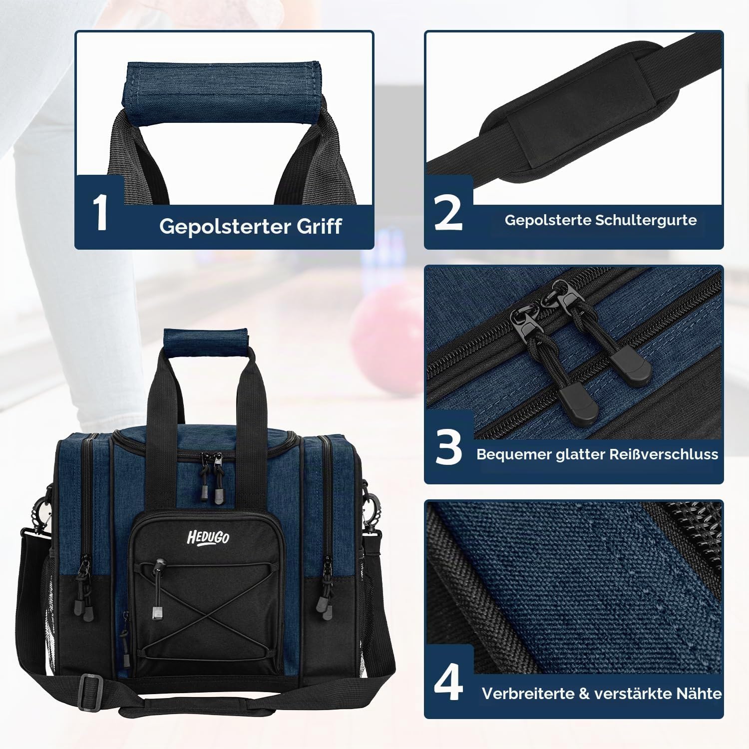 Bowlingballtasche – Einzelball-Tragetasche mit Schaumstoffkissen, gepolstertem Gurt für Damen und Herren, passend für Bowlingschuhe bis Herrengröße 42 und Zubehör