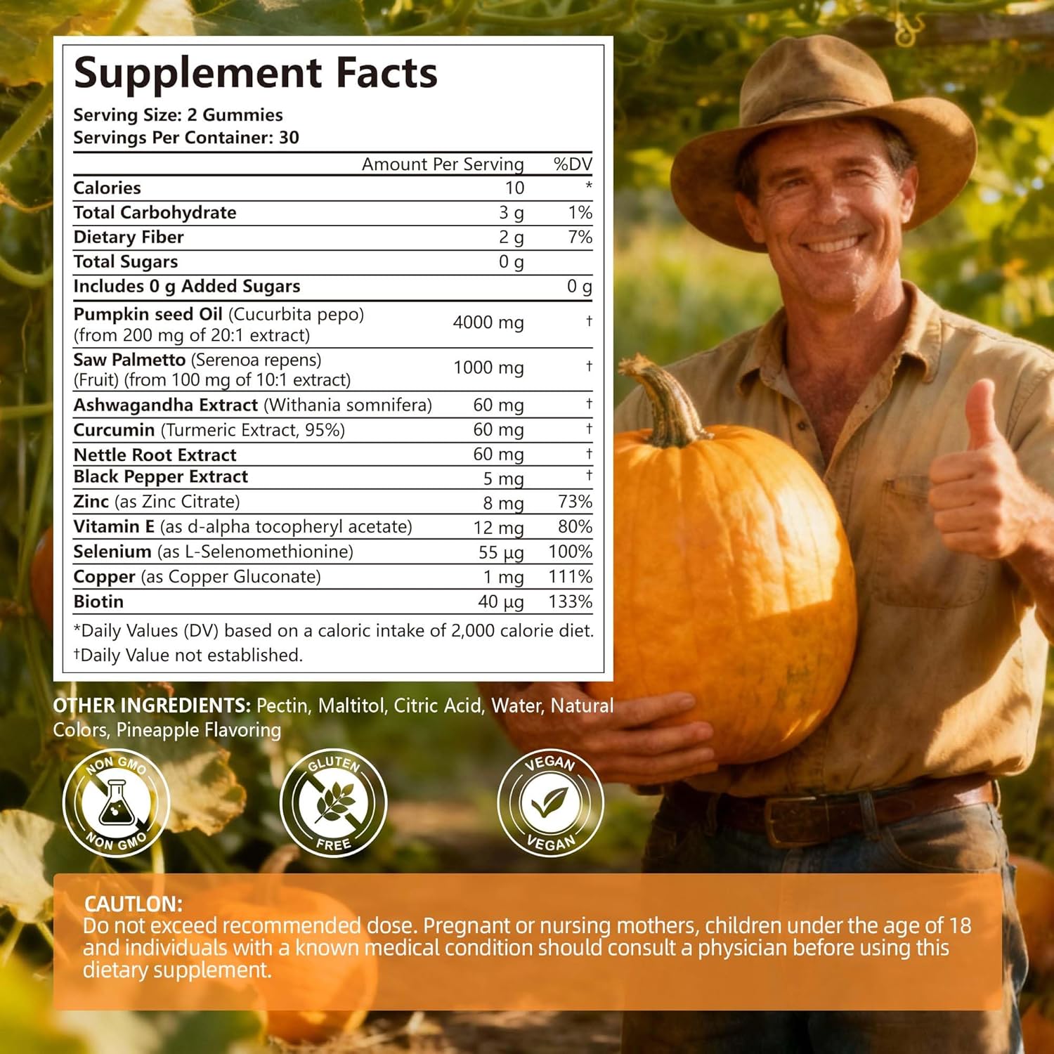 Pumpkin Seed Oil Gummies with Saw Palmetto | 5200mg Cold-Pressed Extract for Hair Growth, Prostate & Skin Health | Sugar-Free Pumpkin Oil Supplement for Men & Women | Pineapple Flavor, 60 Gummies - Image 2