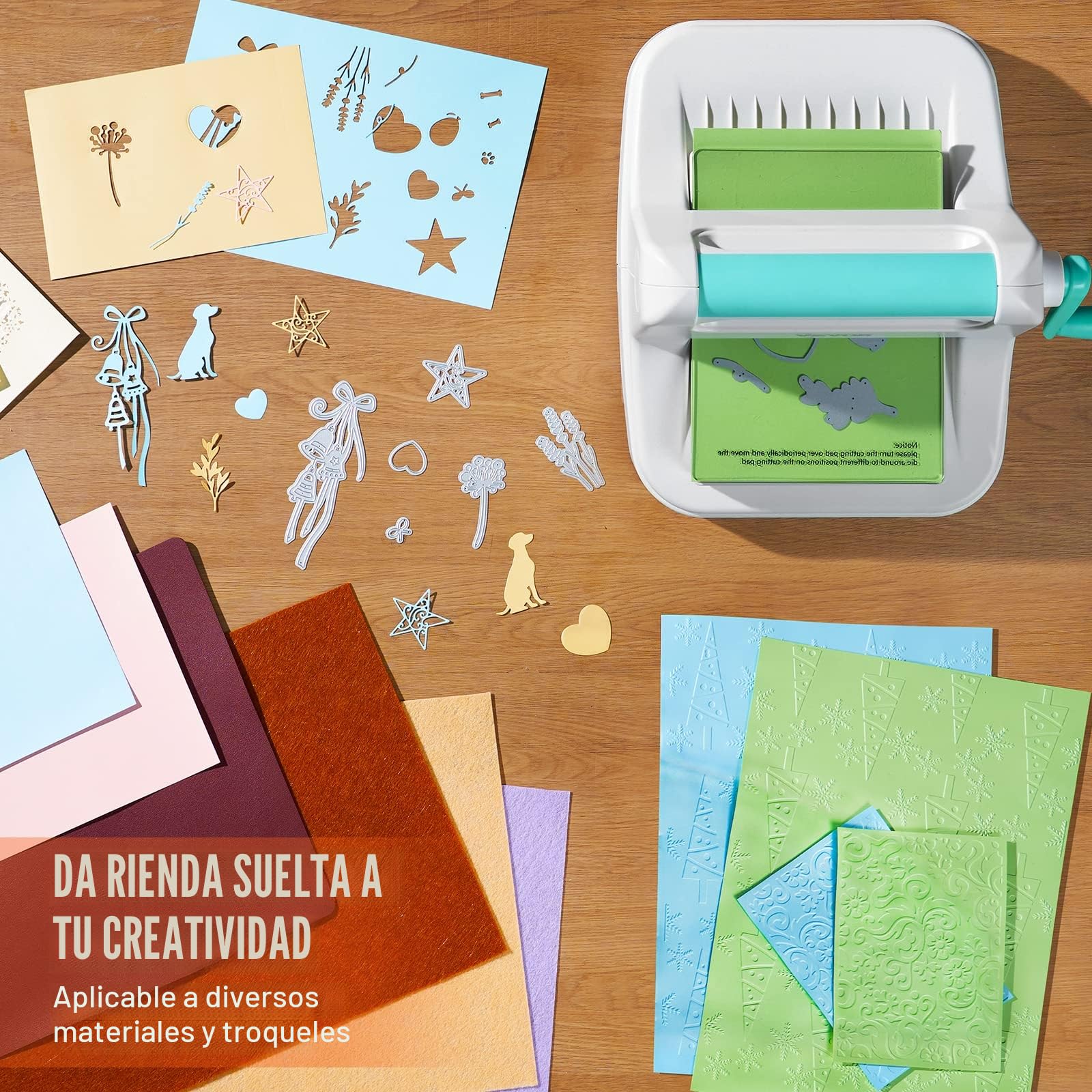 Máquina Troqueladora Apertura de Ancho de 160 mm Máquina de Troquelado y Estampado Manual con 8 Troqueles, 10 Cartulinas y 1 Carpeta A6 Juego Completo para Decoración Álbum Tarjetas Manualidades