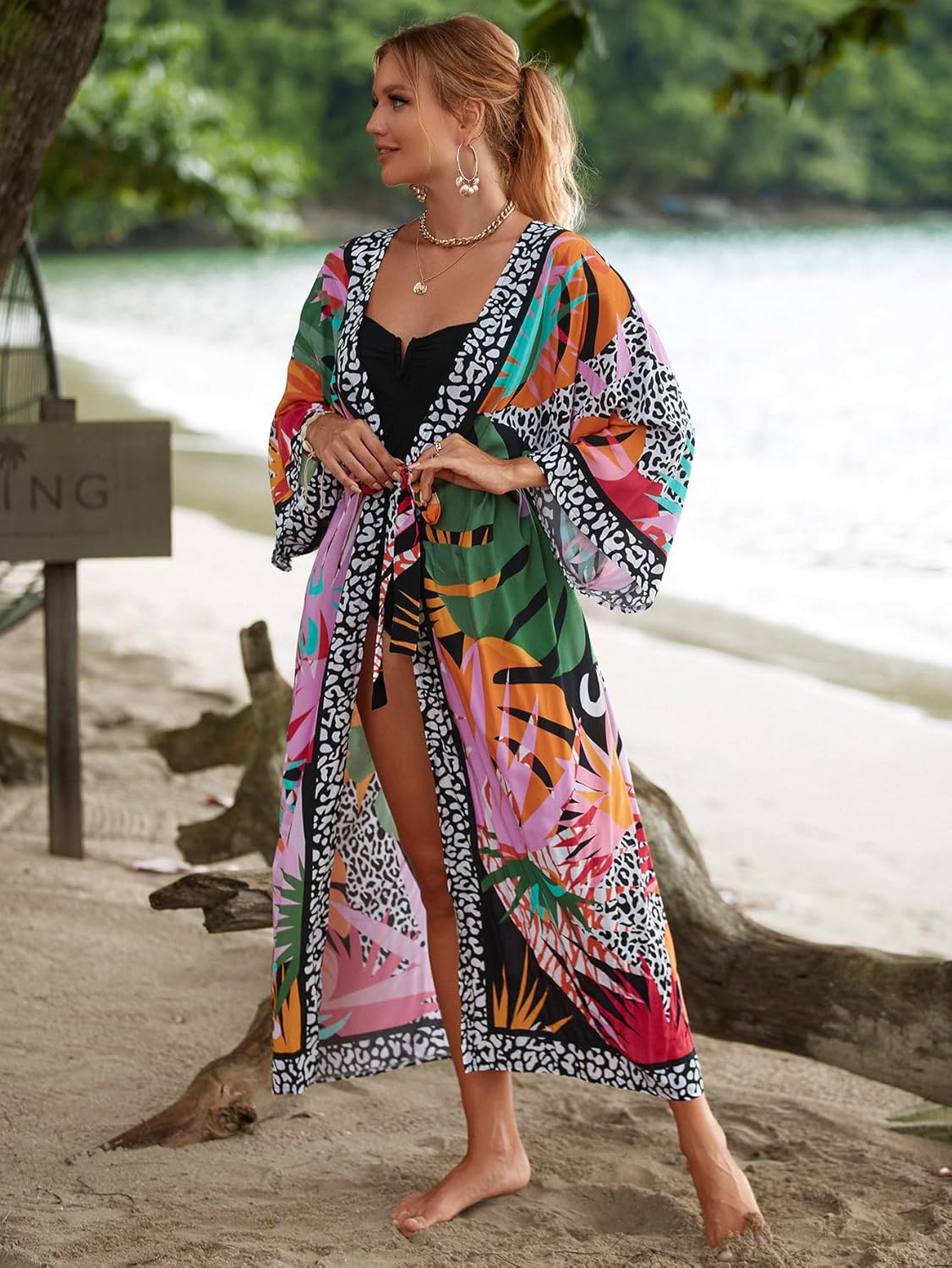 Women’s Kimono Cover Up Long Beach Dress Swimsuit Cover Ups Colorful Cardigan Lightweight Robe for Swimwear - Image 4