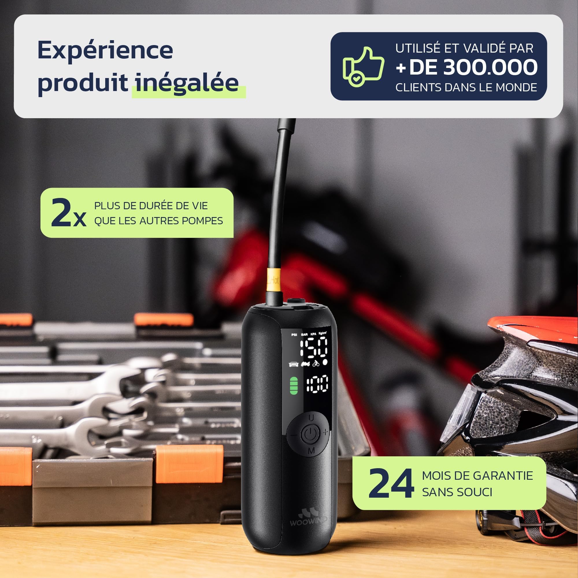 Woowind Gonfleur Pneus Voiture, Pompe A Velo, Gonflage en 1 Minute, 150PSI/10,3BAR Compresseur à Air Portatif pour Voitures, Vélos, Motos et Ballons avec Arrêt Automatique, Ecran LCD et Lampe LED