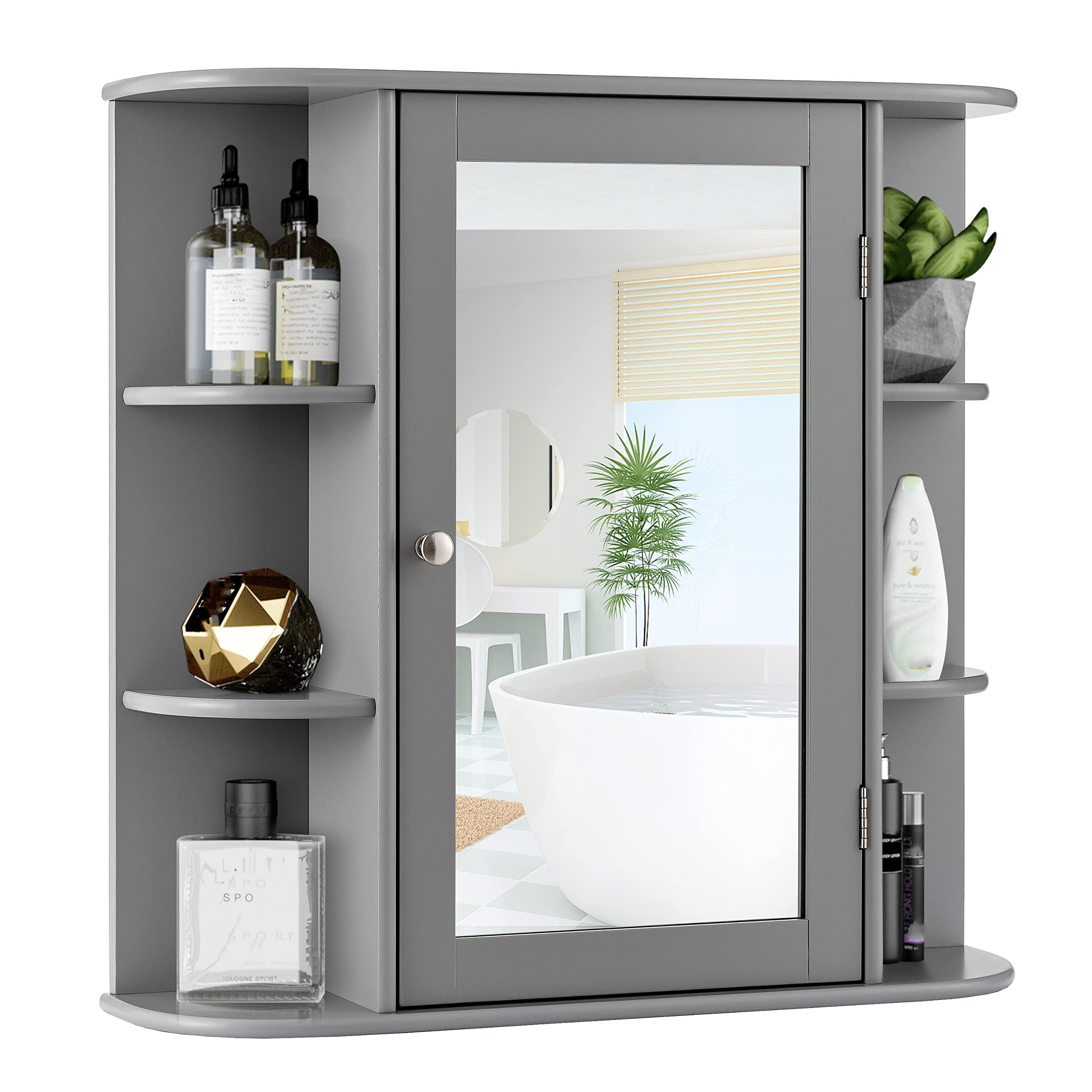 Giantex - Armoire de salle de bain avec miroir - En bois - Armoire murale à une porte, à suspendre - 4 étagères et 6 étagères - Armoire de maquillage - 65 x 17 x 64 cm (gris)