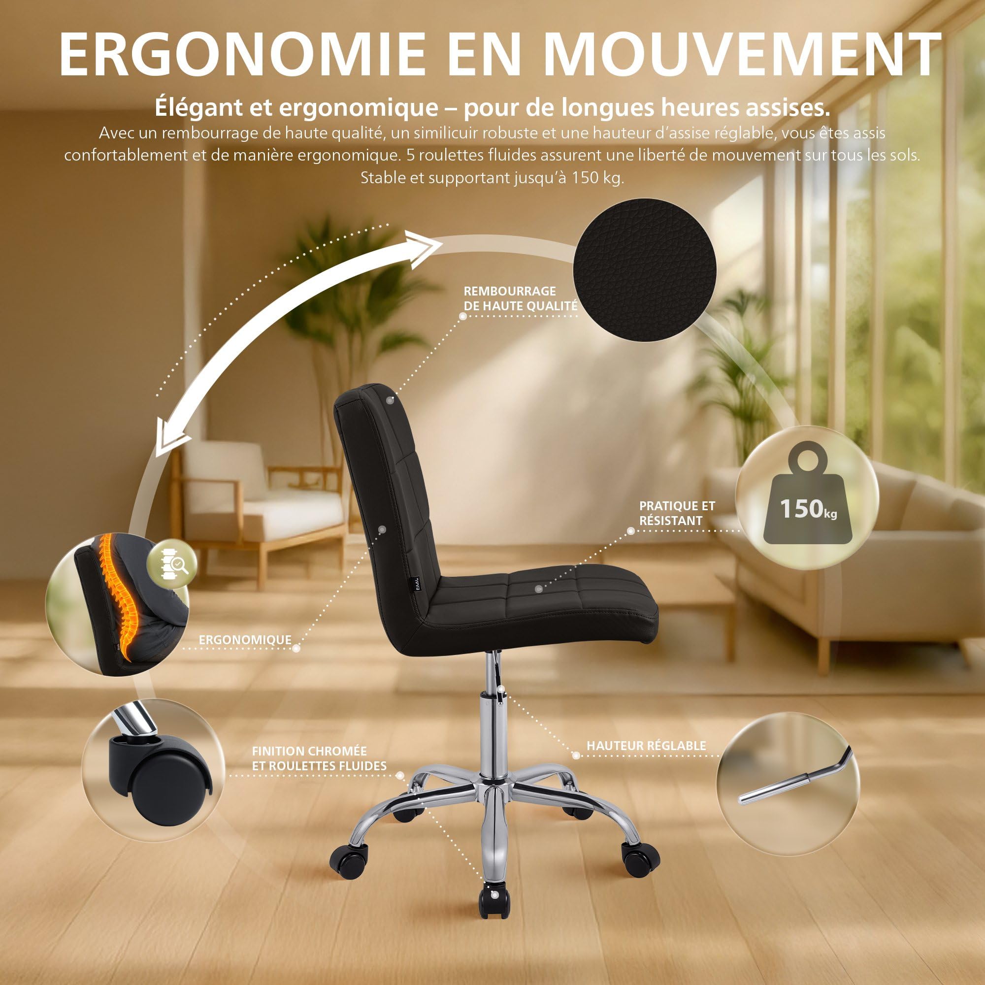 CLP Tabouret de Travail réglable en Hauteur avec Dossier et roulettes Darfield, Chaise Ergonomique pivotante 360°, supportant jusqu'à 150 kg, Couleur:Marron, Matériel:Similicuir
