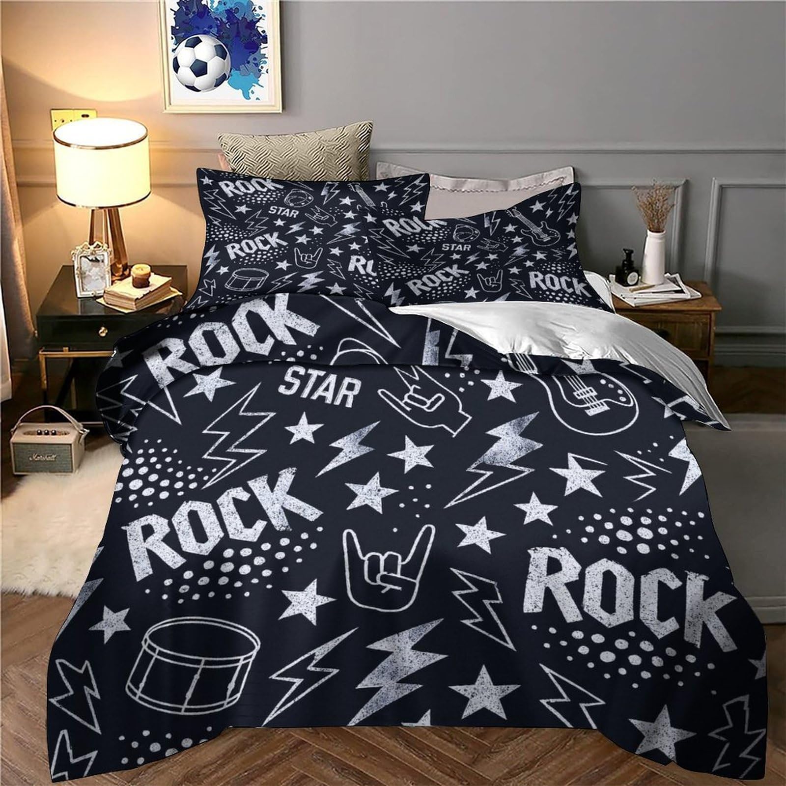 Progettazione di musica rock Impressione 3D 3 pz coperteletto Stile poster rock vintage cover piumone microfibra zip antiacari per bambini adolescenti adulti Super king（260x220cm）