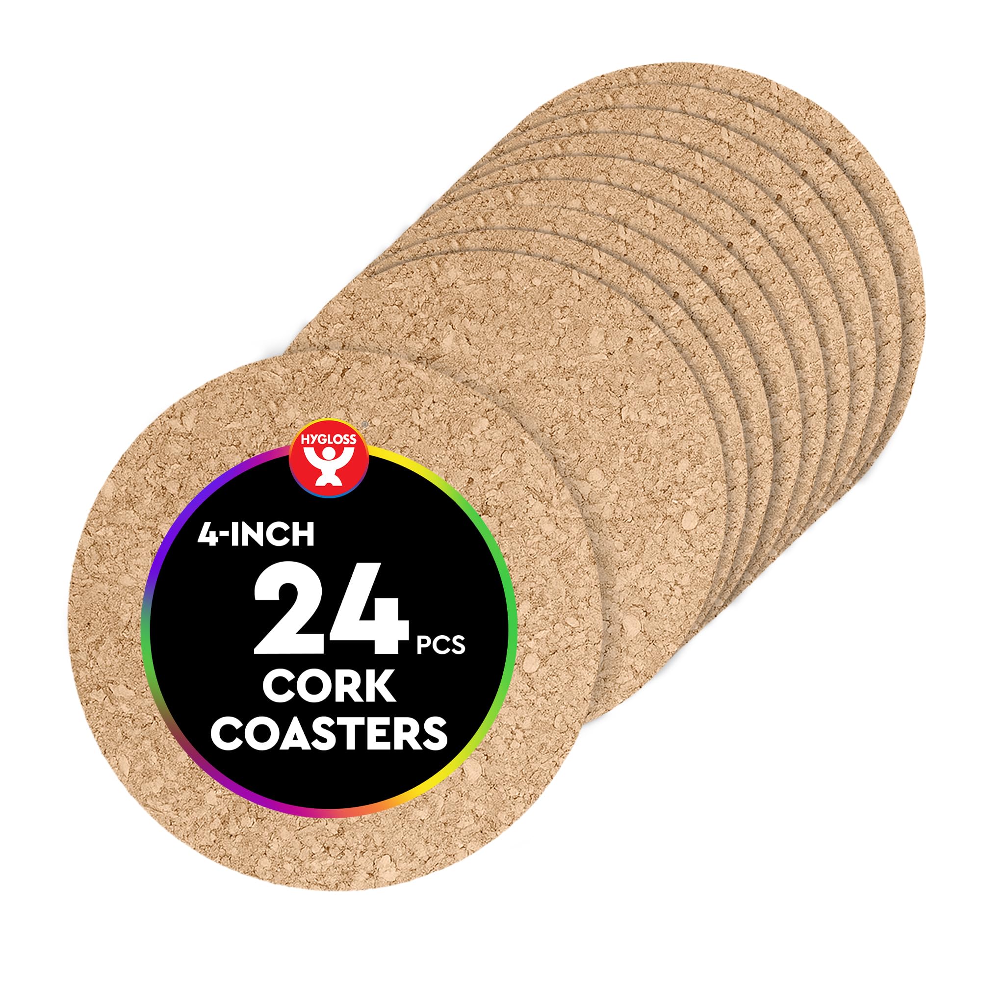 Hygloss Products Lot de 24 Dessous de Verre en liège Naturel – Écologiques et absorbants pour Boissons, Dessous de Plat et Loisirs créatifs, 3 mm, 10,2 cm