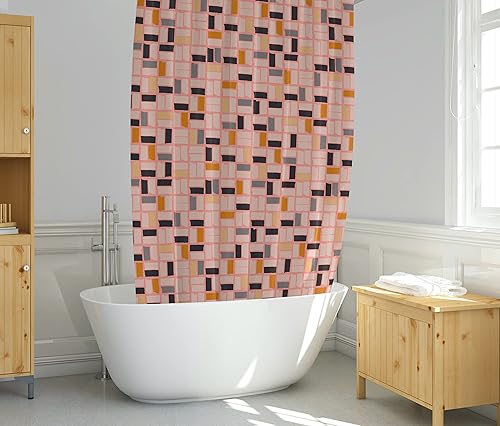 Miniatura 9 de Cortina de ducha MidMod rosa  72 x 72 pulgadas, cortina de baño moderna de mediados de siglo con patrón cuadrado abstracto, diseño retro de tela
