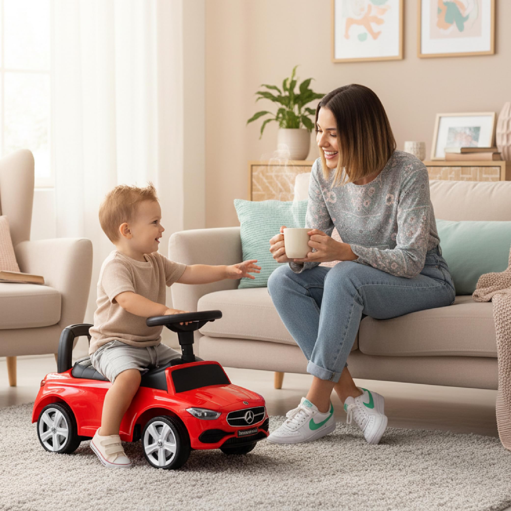 sun baby Macchinina Cavalcabile per Bambini, Macchina a spinta da 12 mesi, volante audio, sedile con schienale, vano portaoggetti sotto il sedile, protezione antiribaltamento (Rosso)