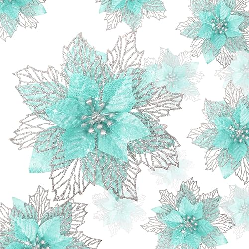 24 flores de Pascua con purpurina de Navidad, flores artificiales en capas, adornos de Navidad para boda, árbol de Navidad, Año Nuevo (verde menta)