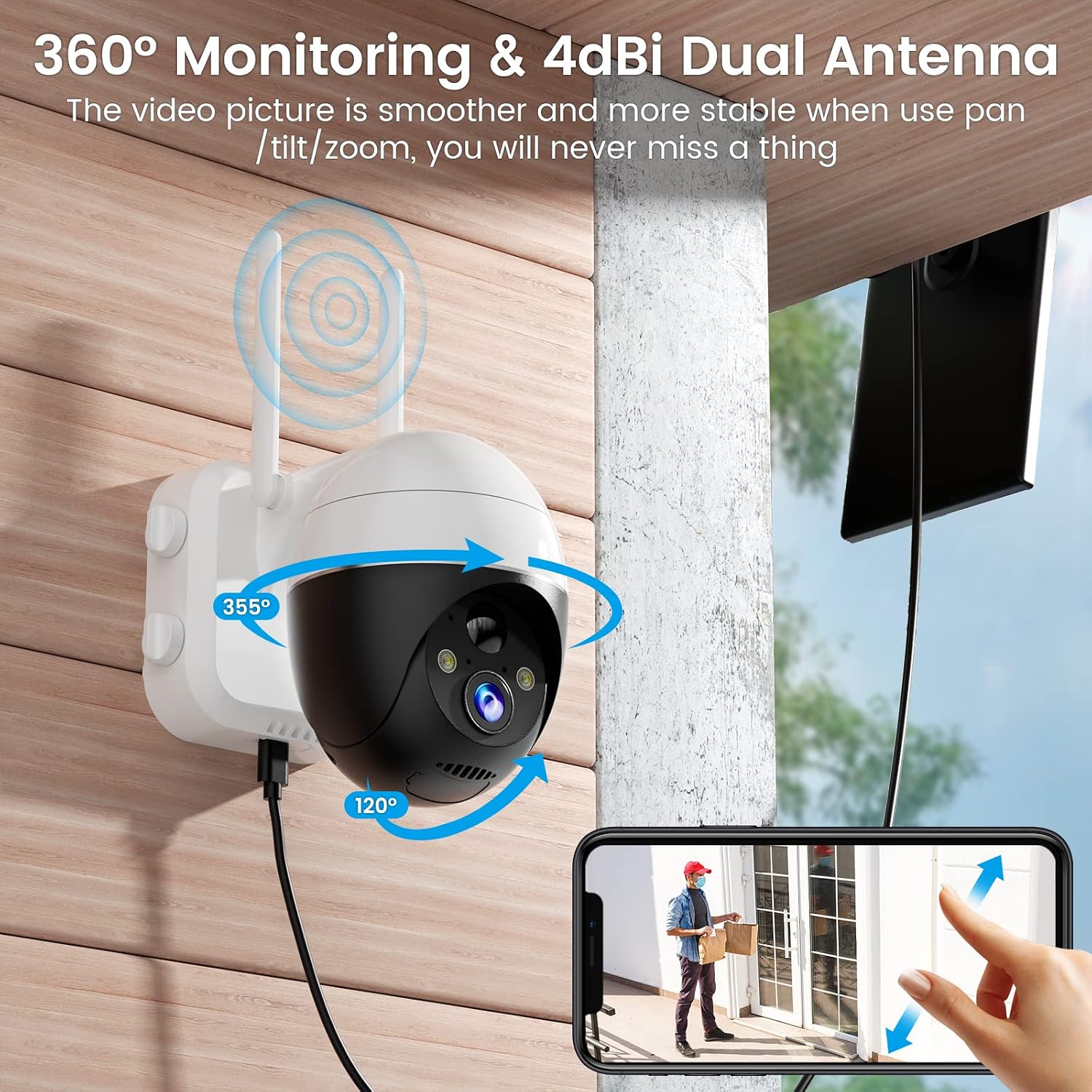 Solar Security Camera Outdoor, 2K Color Night Vision, 2.4Ghz WiFi 360° PTZ Camera, Battery Powered Camera for Home Security, PIR Human Detect with Spotlight, 2-Way Talk, IP66, SD/Cloud