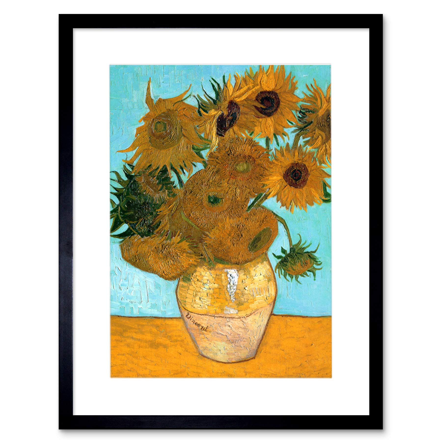 Wee Blue Coo Van Gogh Vase With Twelve Sunflowers Artwork Framed Wall Art Print 12X16 Inch