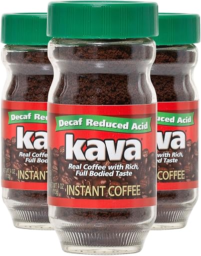 Kava Decaf Acid Reduced Instant Coffee, 4 Ounce Jar (Pack of 3)