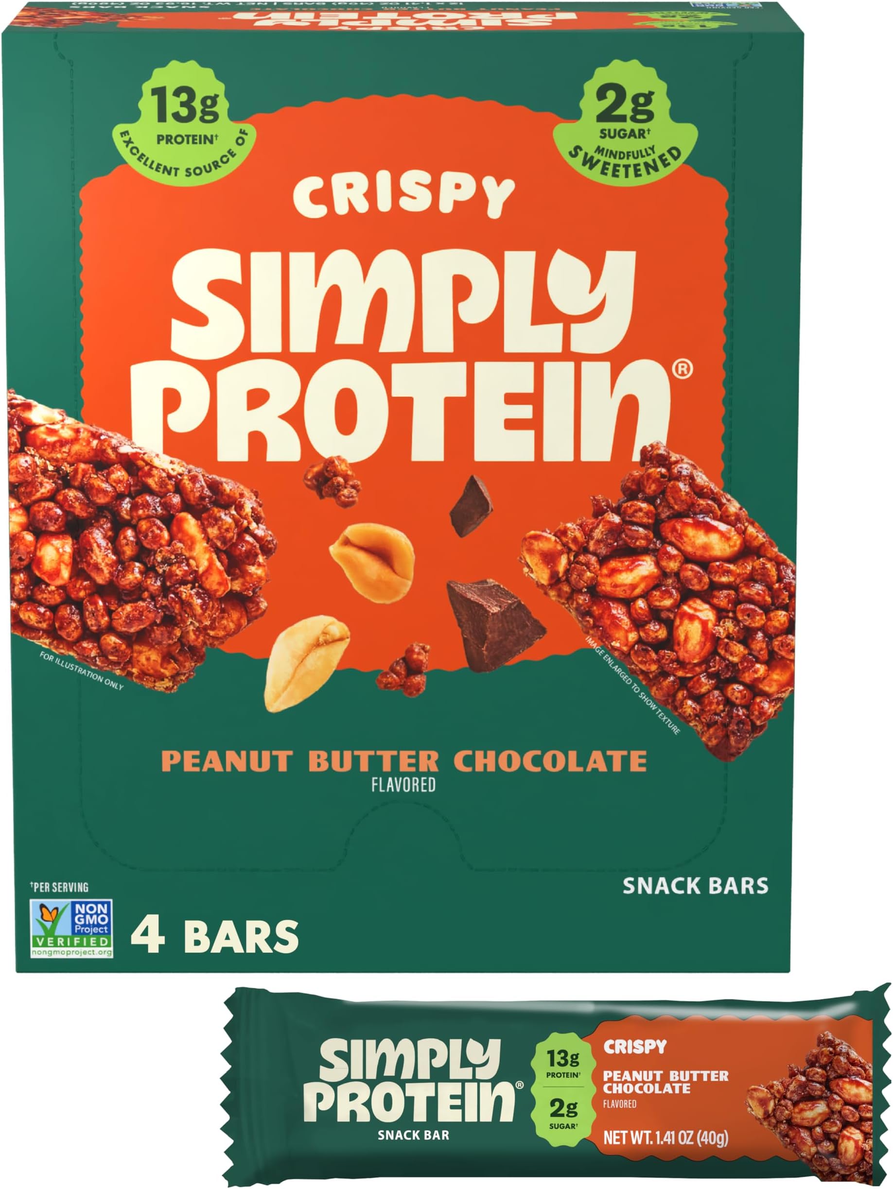 Peanut Butter Chocolate Crispy Bars - Plant Based Protein Bars - Low Carb, Low Sugar, High Fiber - 13g Protein, 2g Sugar, 7g Fiber - Vegan, Gluten Free, Non GMO, Kosher - 4 Bars