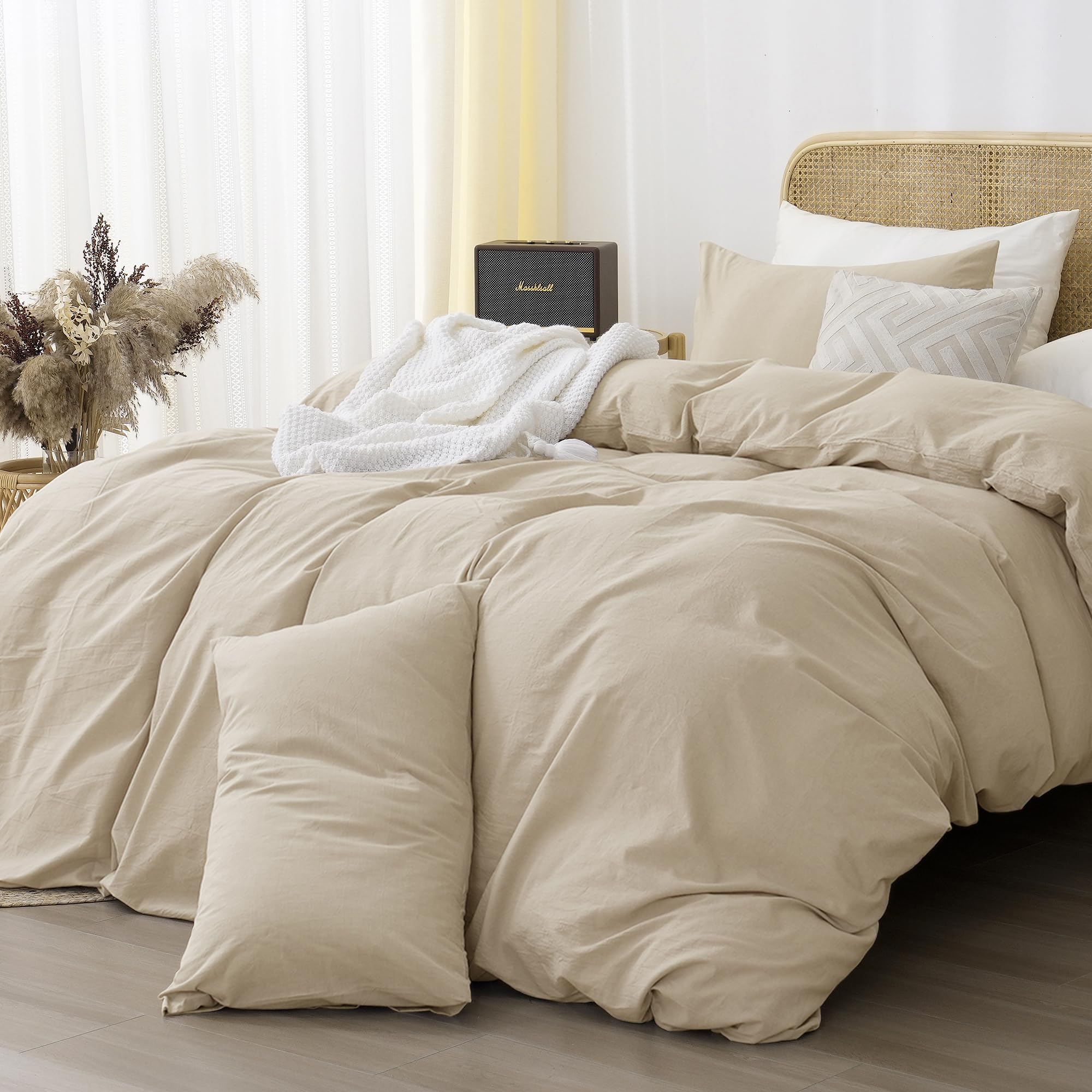 ATsense Ropa de cama 135 x 200 algodón 4 piezas, juegos de ropa de cama lavado en piedra color topo claro similar al lino, Oeko-TEX, hipoalergénico y transpirable, 2 fundas nórdicas y 2 fundas de